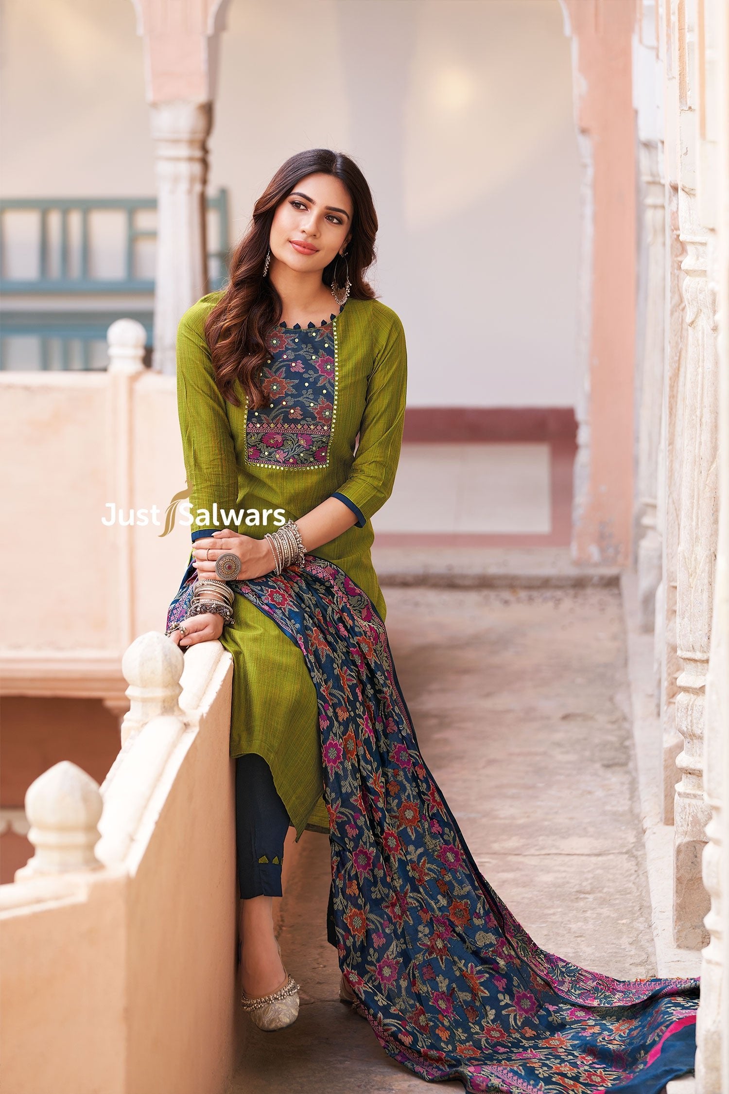 Green Colour Silk Cotton Dress Material with Handloom Dupatta - Dress Material - Just Salwars