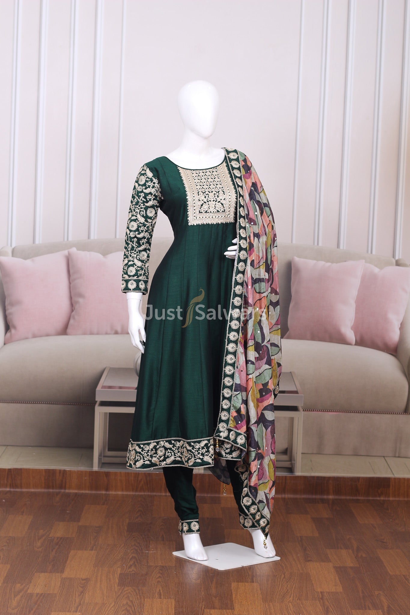 Green Colour Soft Silk Anarkali - Anarkali - Just Salwars