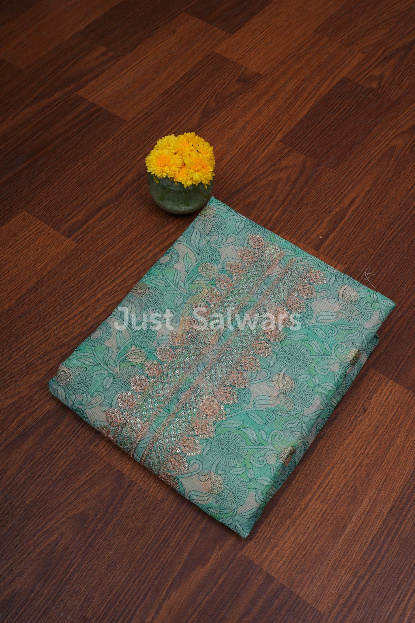 Green Colour Tissue Silk Dress Material - Dress Material - Just Salwars