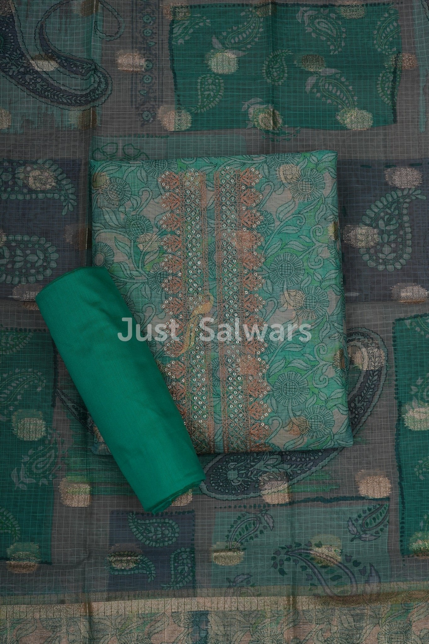 Green Colour Tissue Silk Dress Material - Dress Material - Just Salwars