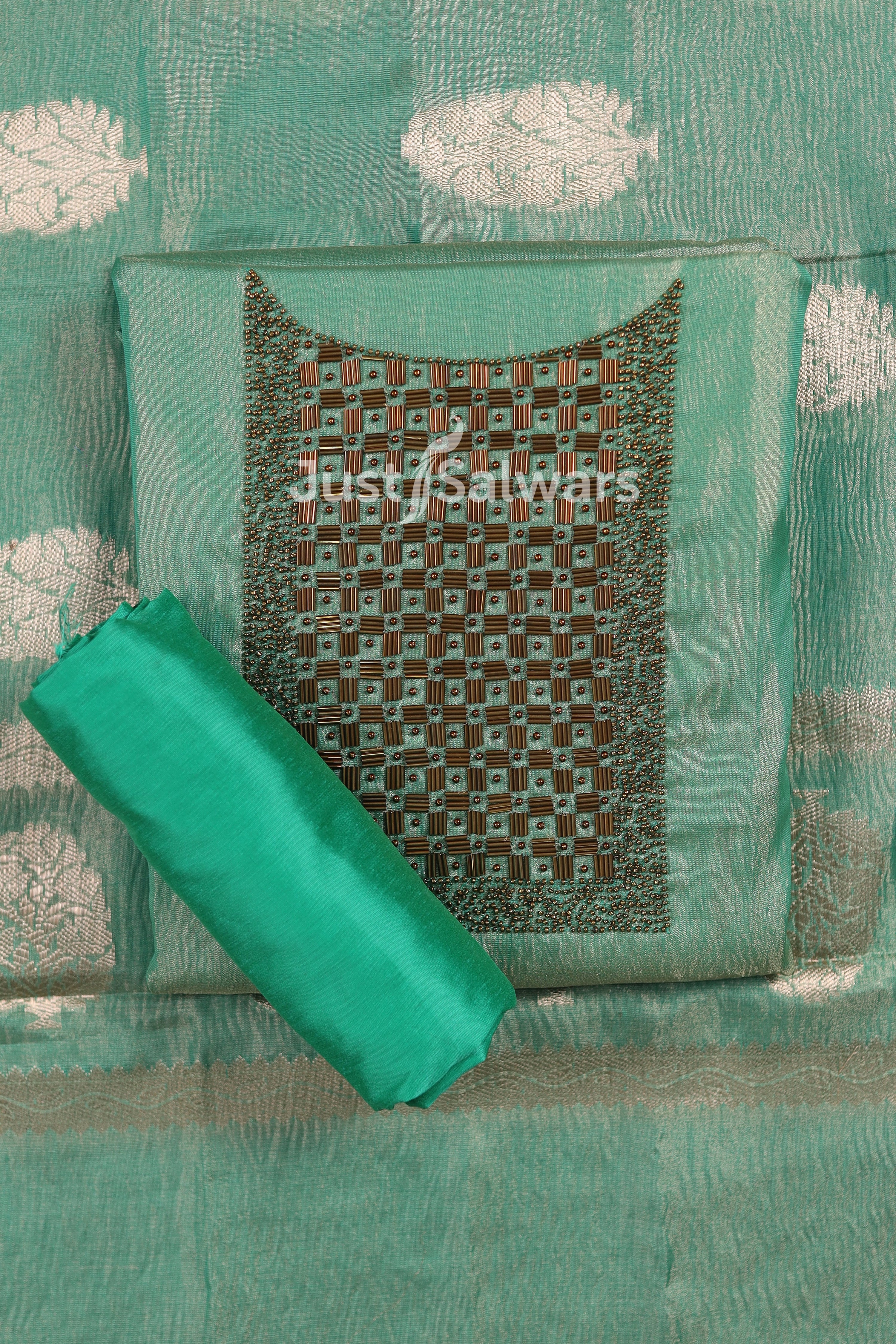 Green Colour Tissue Silk Dress Material - Dress Material - Just Salwars