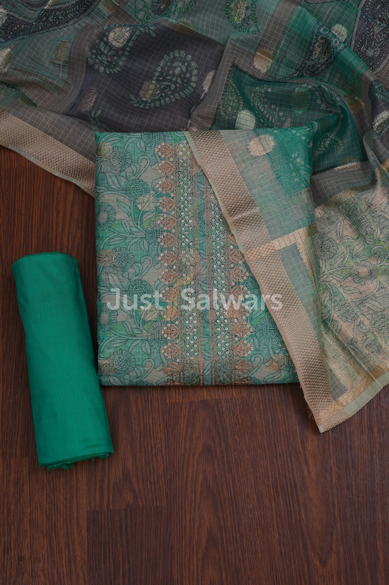 Green Colour Tissue Silk Dress Material - Dress Material - Just Salwars