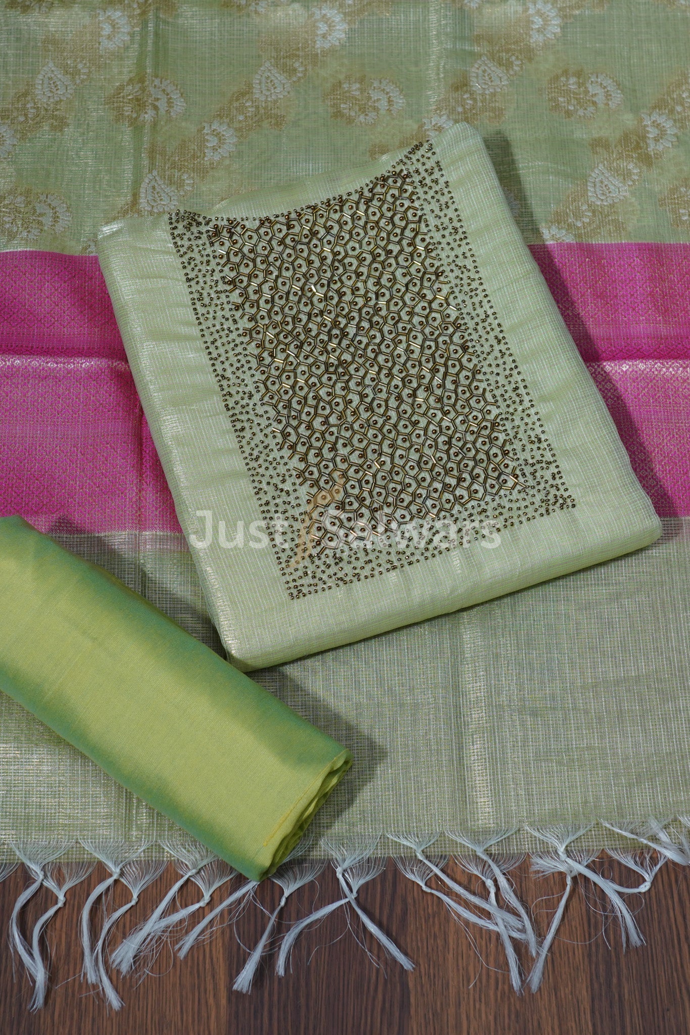 Green Colour Tissue Silk Dress Material - Dress Material - Just Salwars