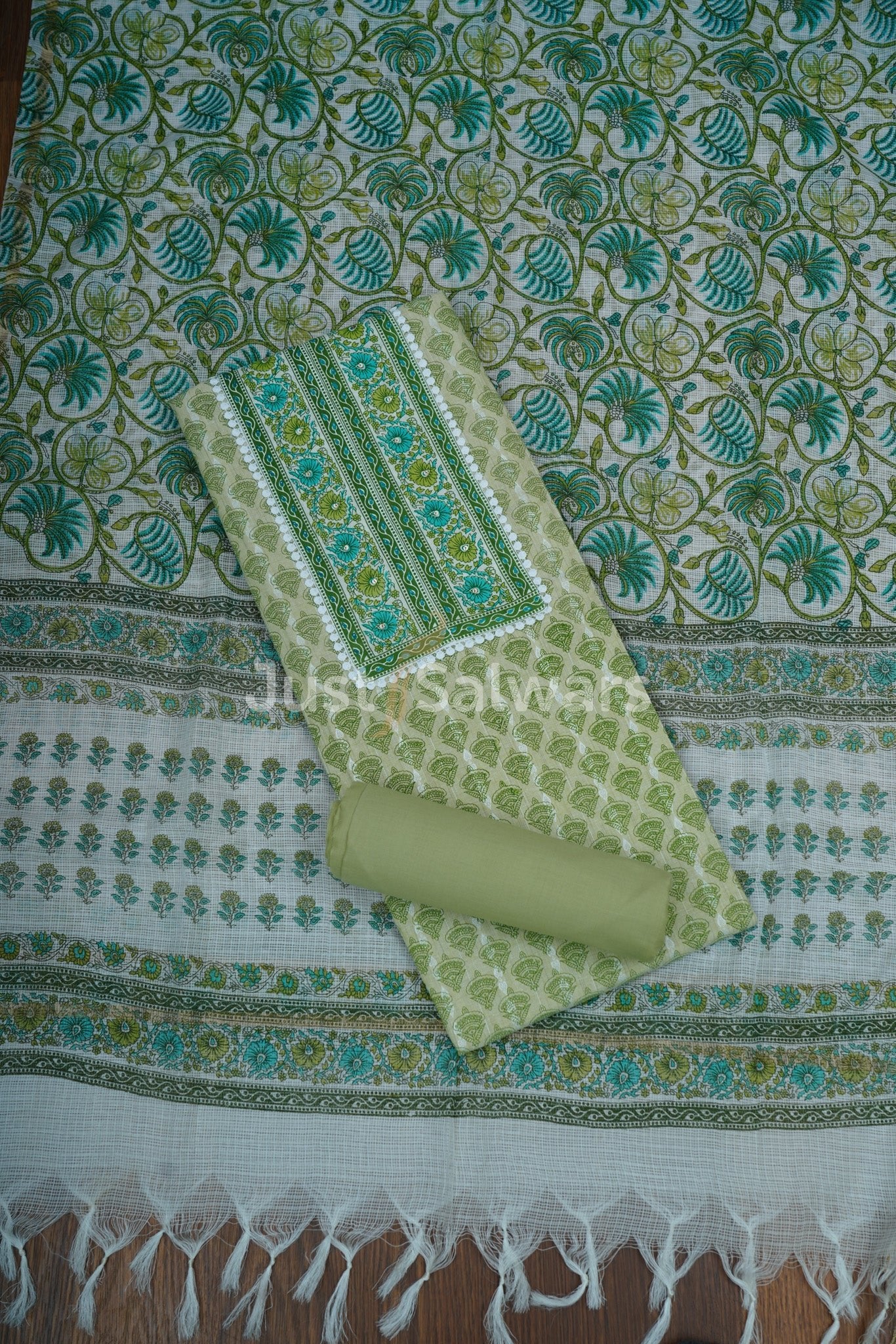 Green ColourCotton Unstitched Dress Material - Dress Material - Just Salwars