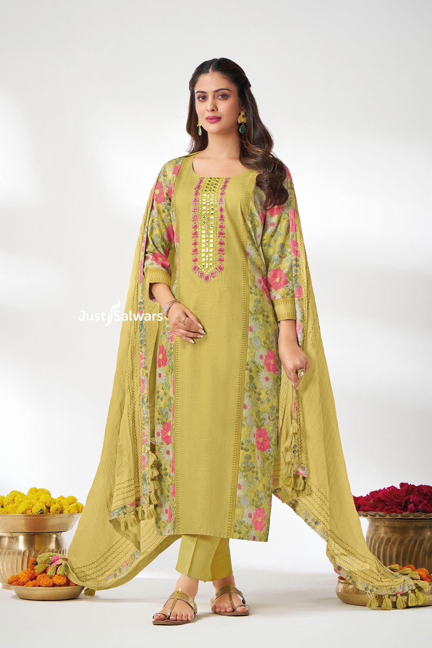 Green Floral Printed Salwar Suit Set with Mirror Work - Salwar Suit - Just Salwars