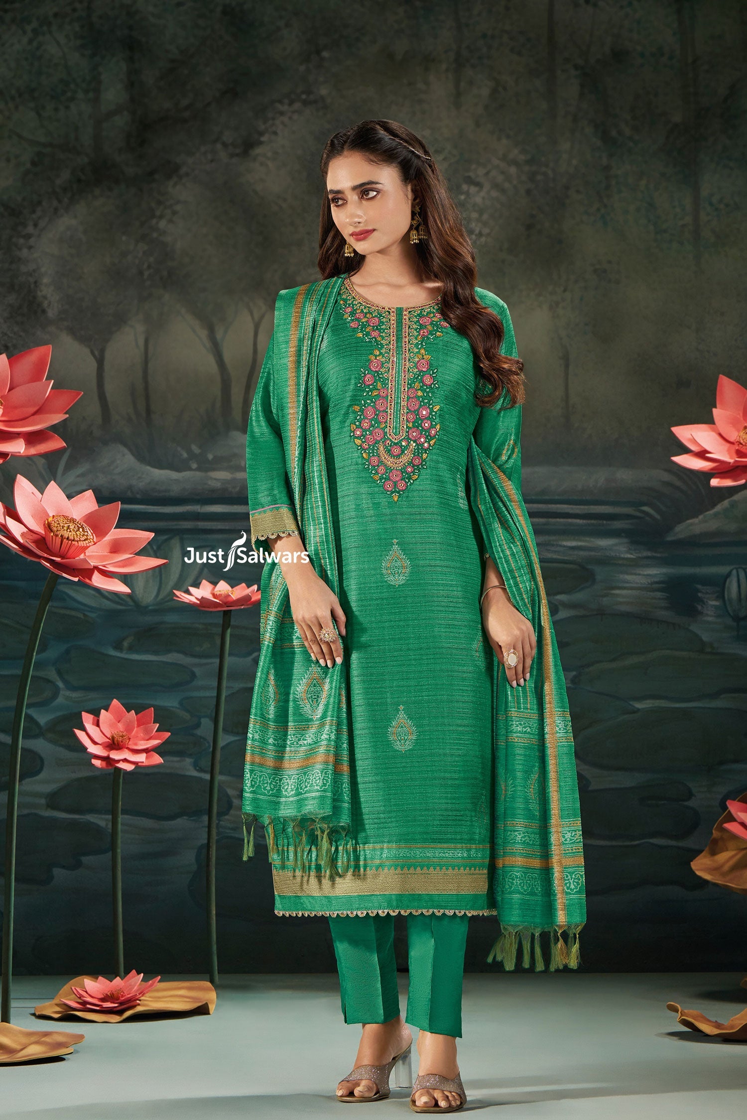Green Silk Salwar Suit Set with Intricate Embroidery - Salwar Suit - Just Salwars