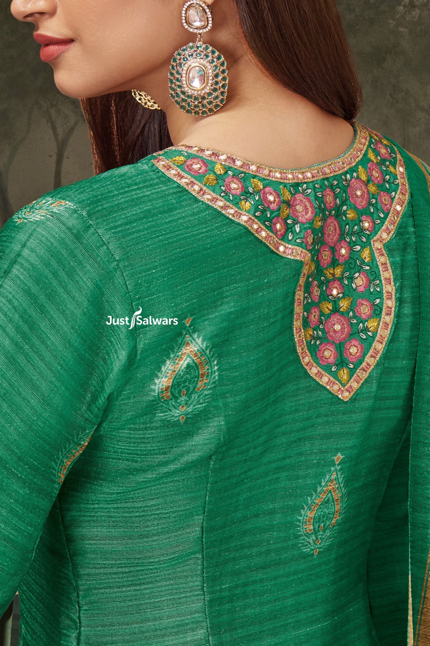 Green Silk Salwar Suit Set with Intricate Embroidery - Salwar Suit - Just Salwars