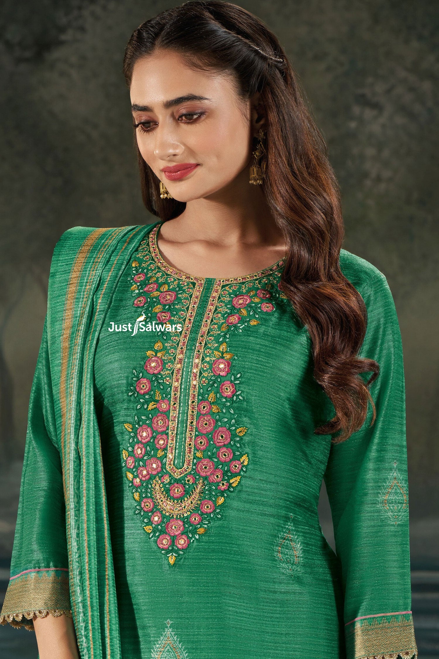 Green Silk Salwar Suit Set with Intricate Embroidery - Salwar Suit - Just Salwars