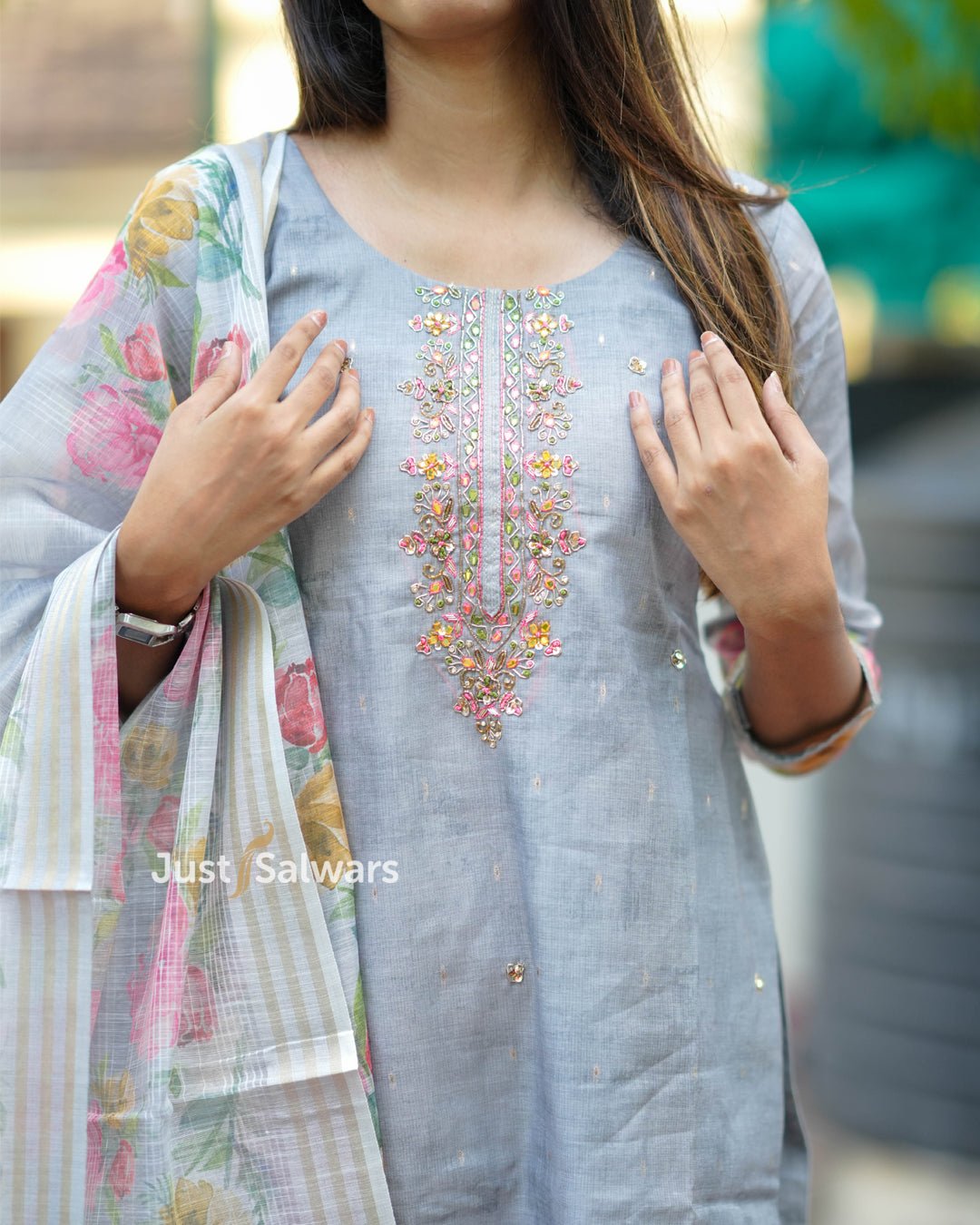 Grey Cotton Silk Suit with Floral Embroidery and Printed Dupatta - Salwar Suit - Just Salwars