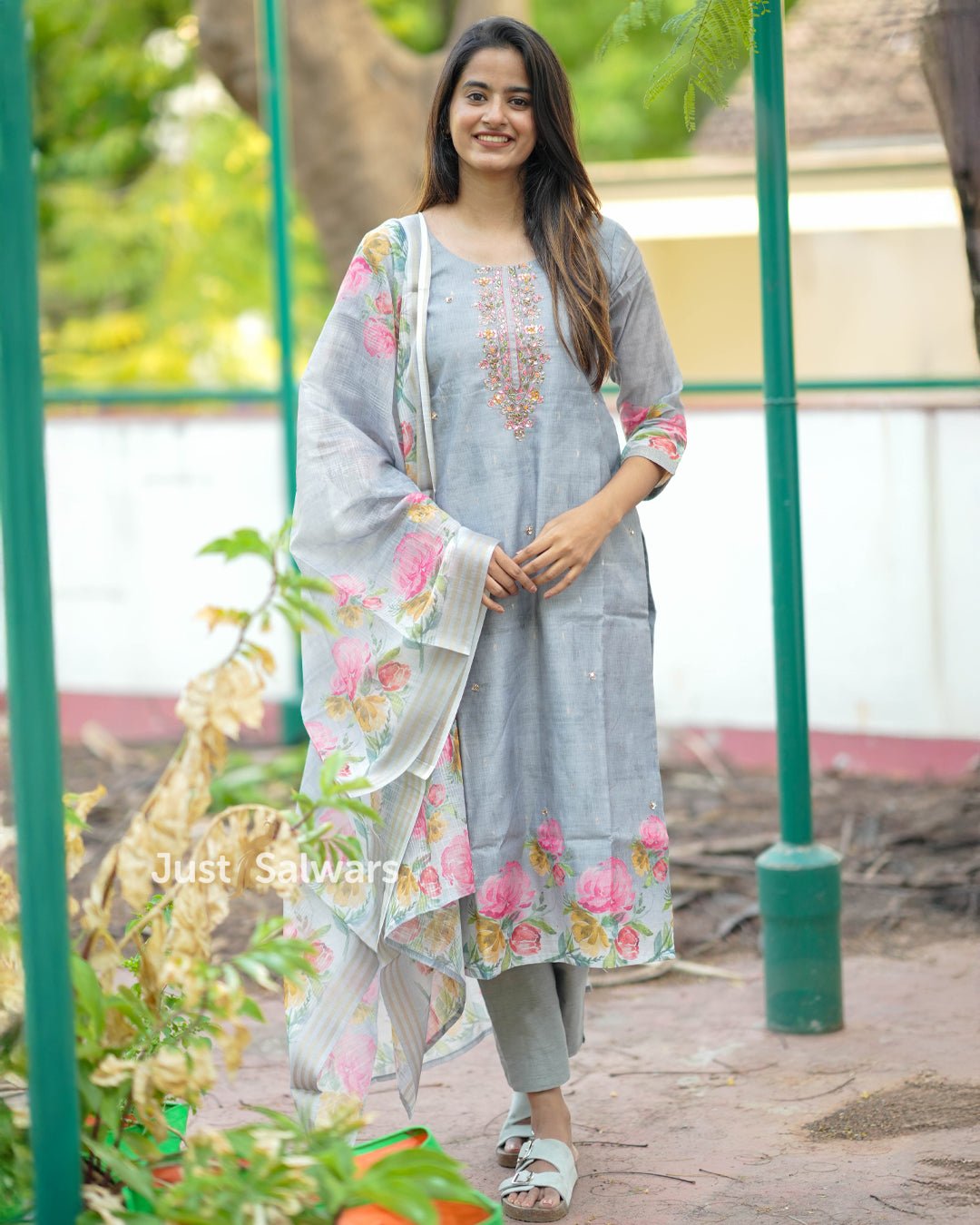 Grey Cotton Silk Suit with Floral Embroidery and Printed Dupatta - Salwar Suit - Just Salwars