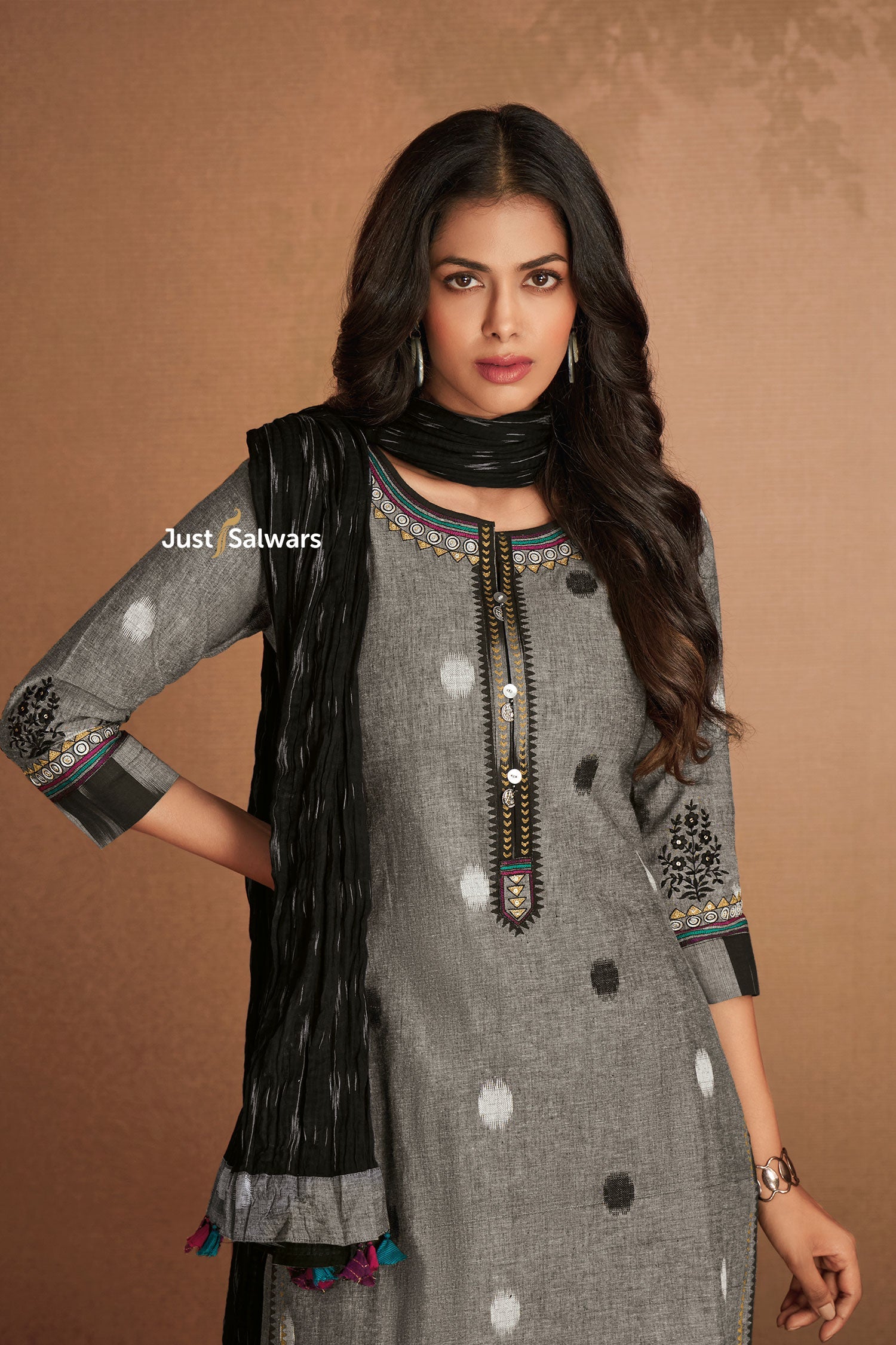 Grey Handloom Cotton Suit with Jacquard Work and Dupatta - Salwar Suit - Just Salwars