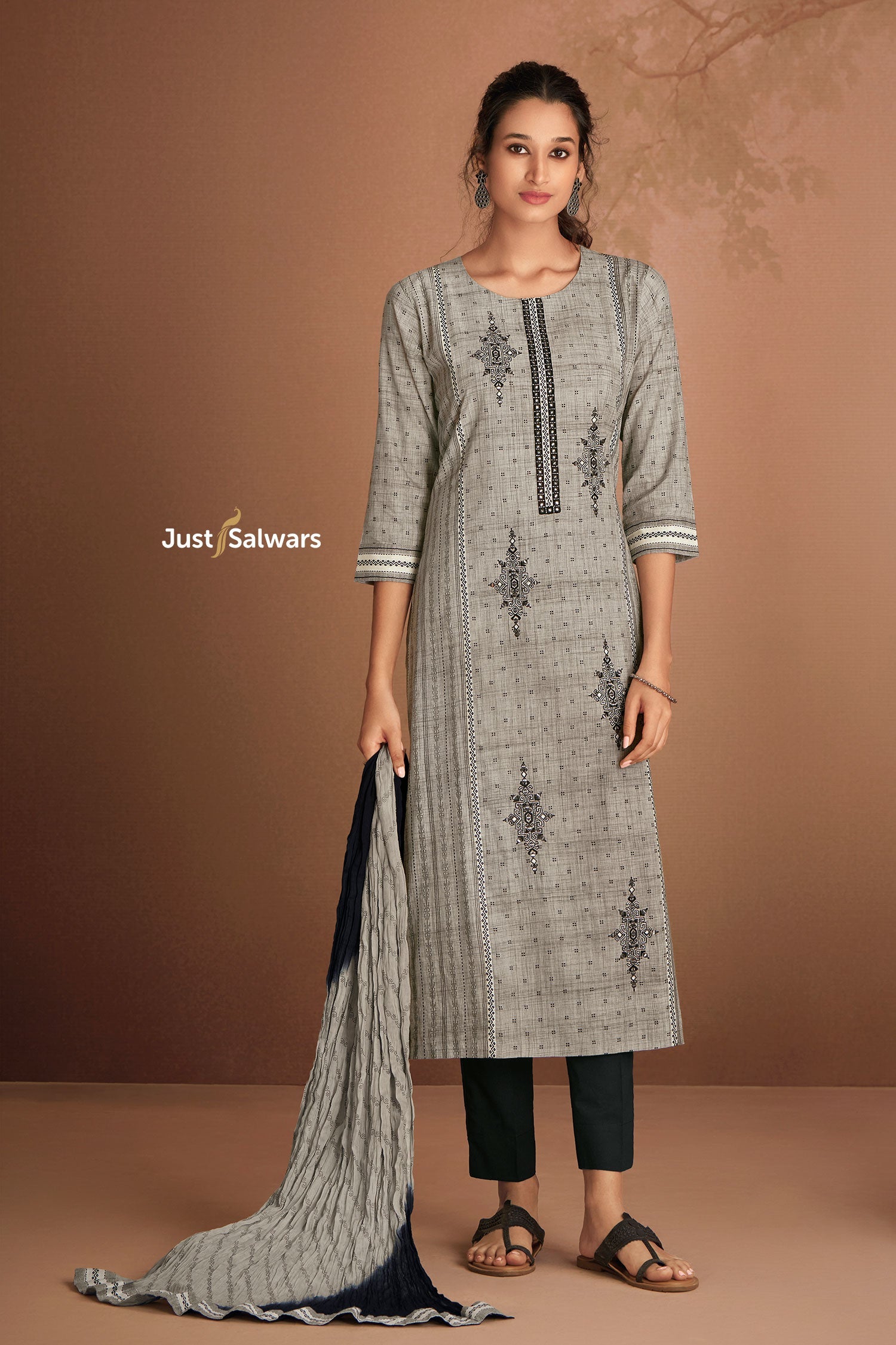 Grey Kurti Set With Dupatta - Salwar Suit - Just Salwars