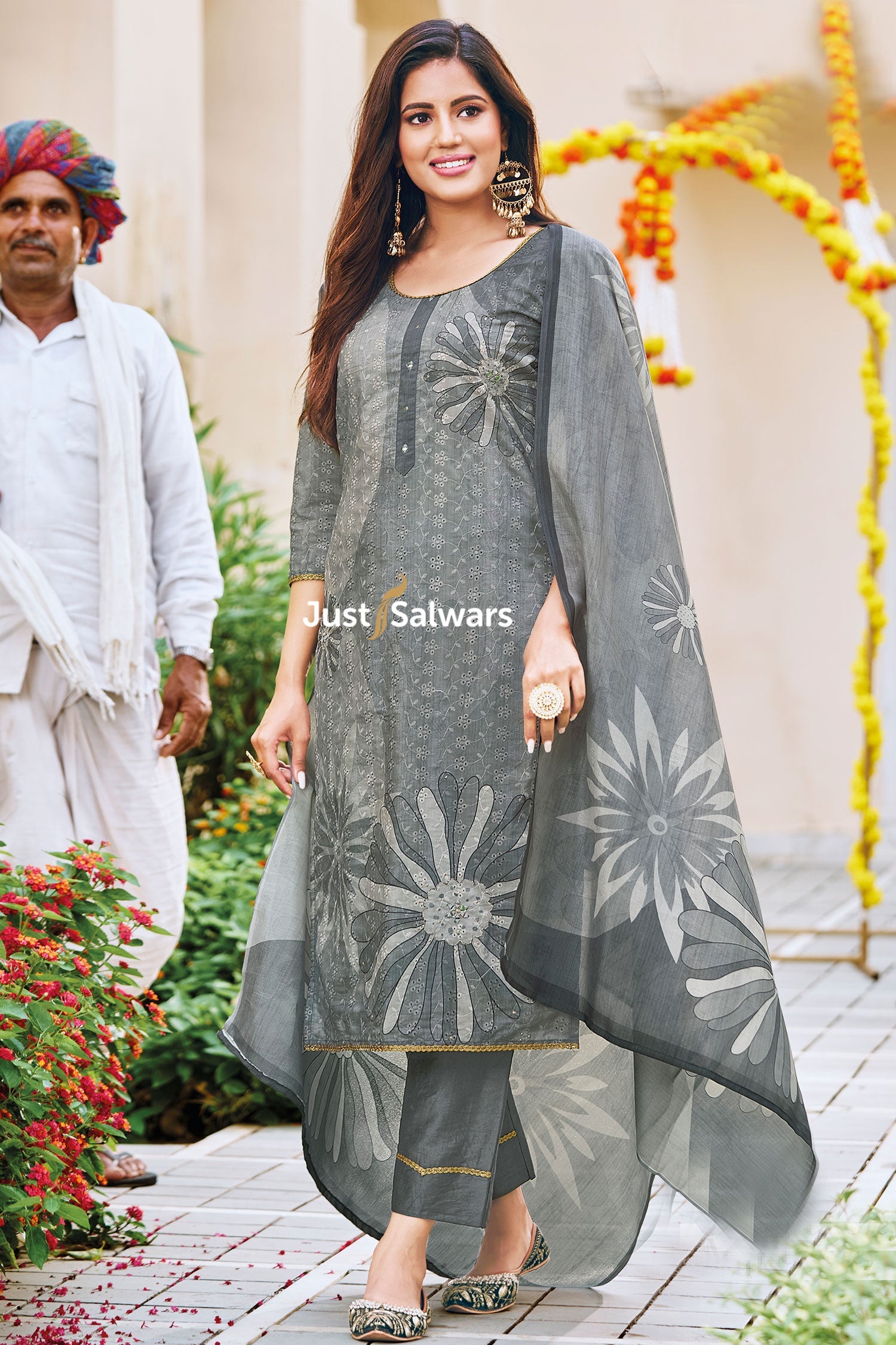 Grey Silk Cotton Dress Material with Akoba Work - Dress Material - Just Salwars