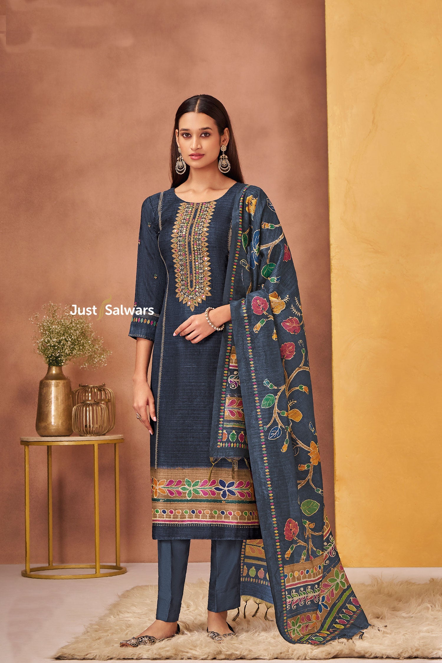 Indigo Blue Colour Tussar Silk Suit Set - Salwar Suit - Just Salwars