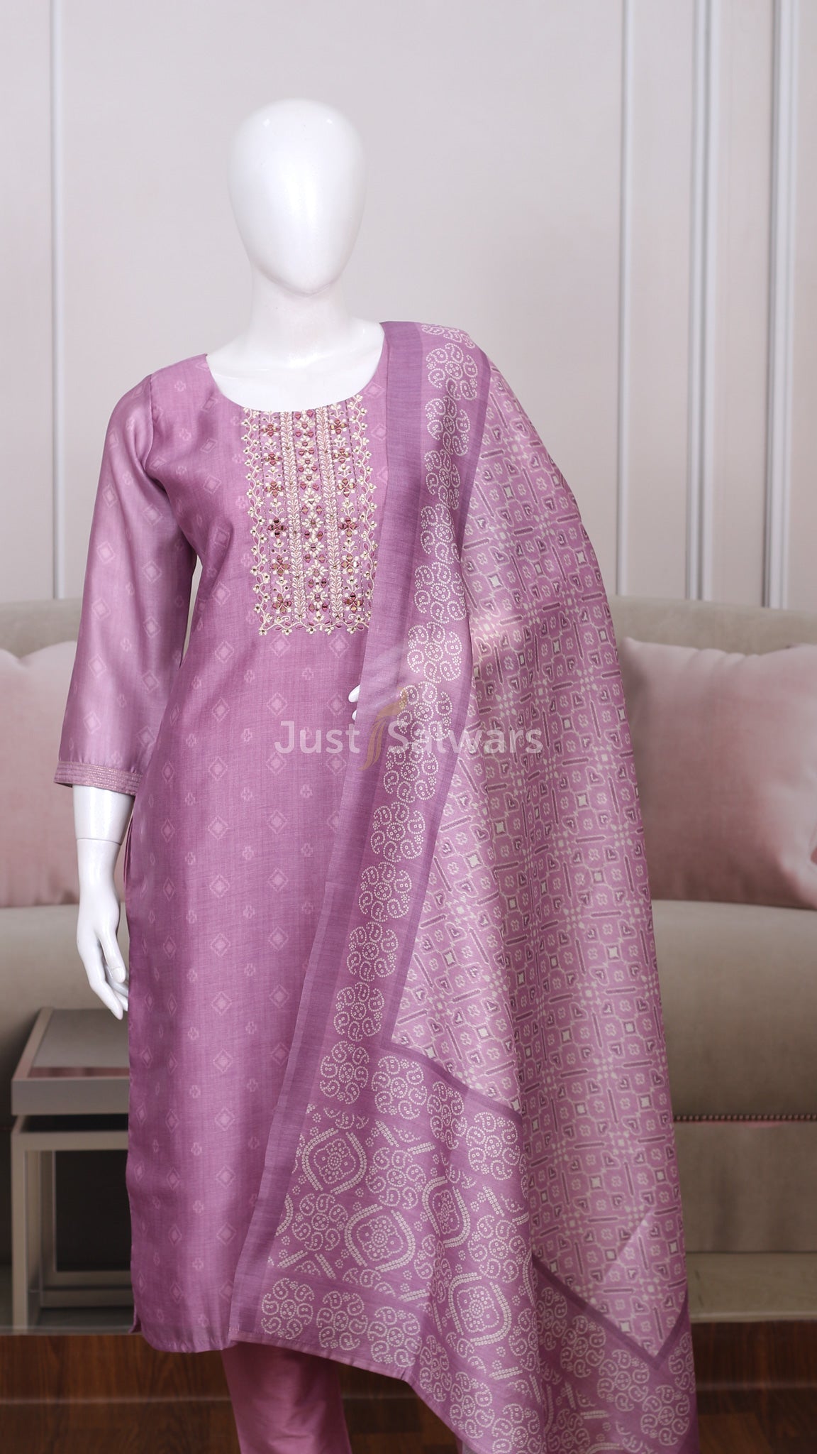 Lavender Colour Silk Cotton Straight Cut Salwar Suit - Salwar Suit - Just Salwars