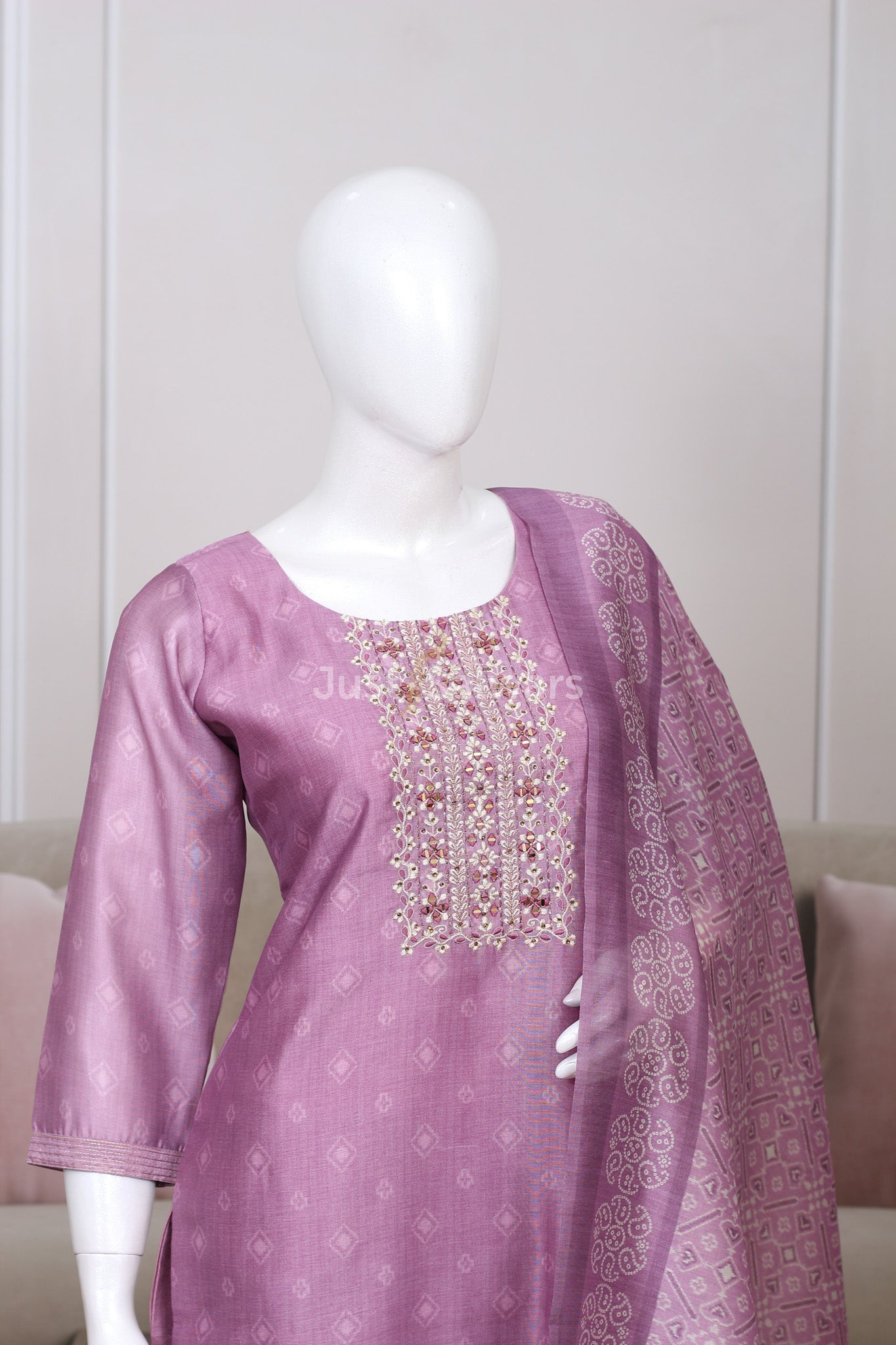 Lavender Colour Silk Cotton Straight Cut Salwar Suit - Salwar Suit - Just Salwars