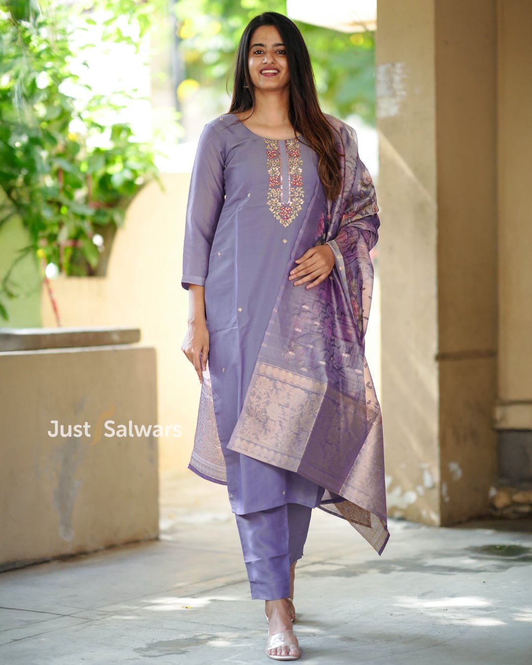 Lavender Embroidered Silk Cotton Suit Set - Salwar Suit - Just Salwars