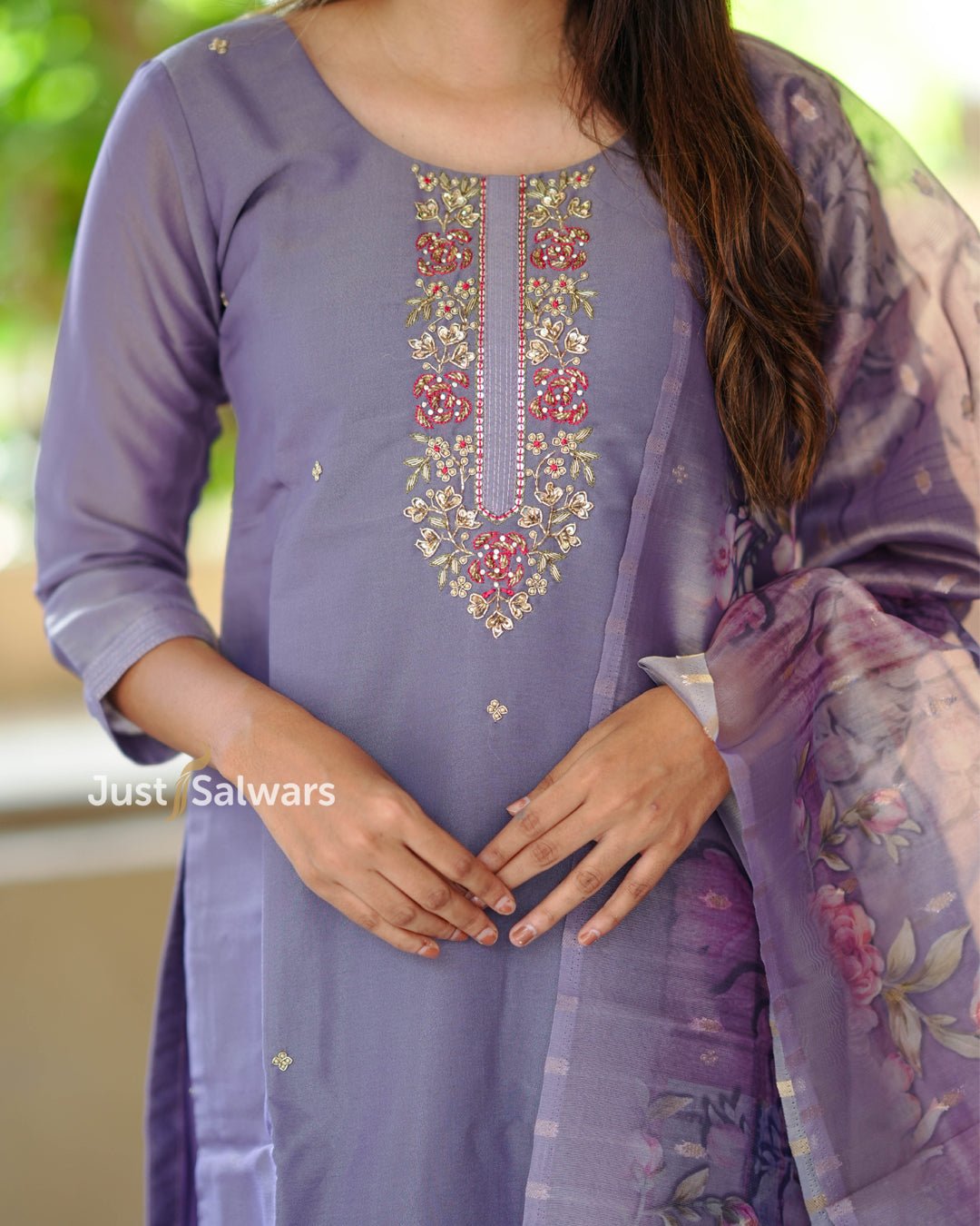 Lavender Embroidered Silk Cotton Suit Set - Salwar Suit - Just Salwars