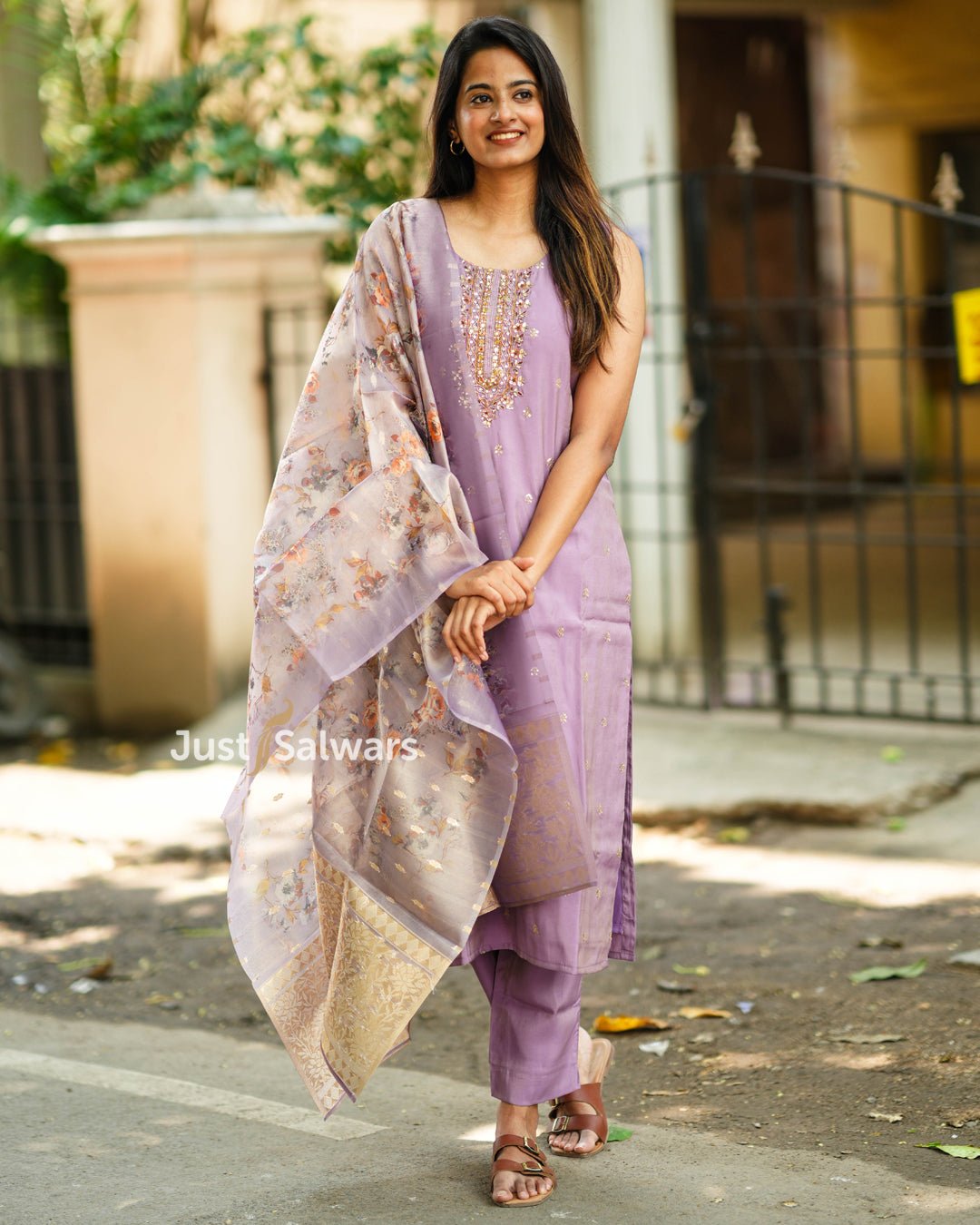 Lavender Silk Cotton Salwar Suit with Three - Fourth Sleeves - Salwar Suit - Just Salwars