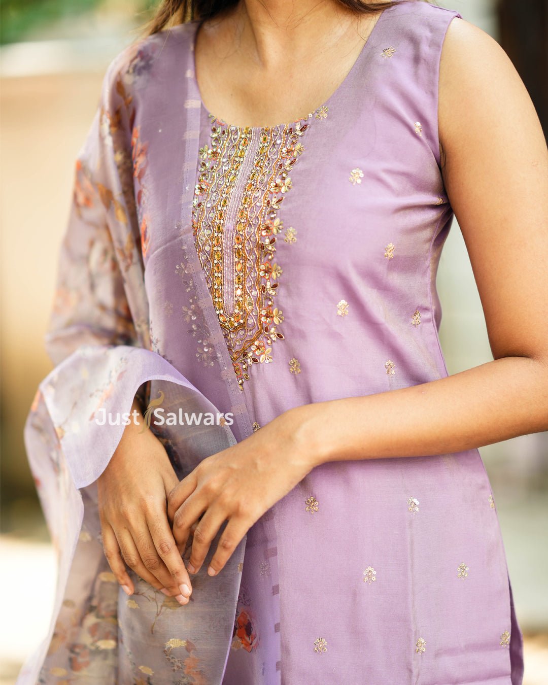 Lavender Silk Cotton Salwar Suit with Three - Fourth Sleeves - Salwar Suit - Just Salwars