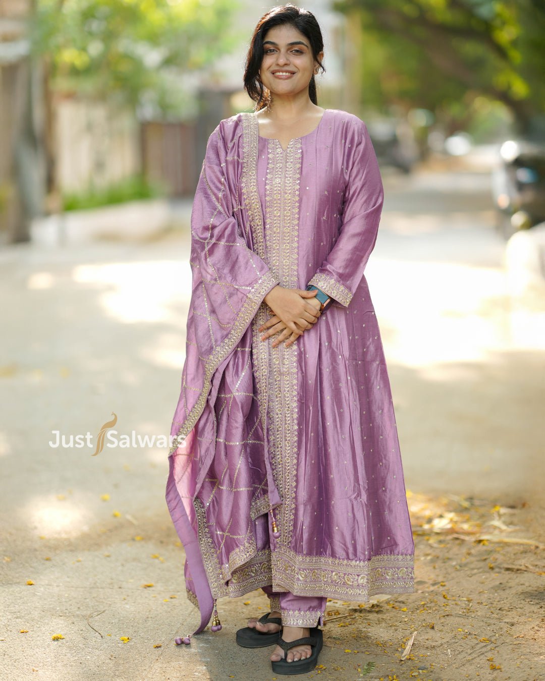 Lilac Embroidered Vichitra Silk Anarkali Suit - Gown - Just Salwars