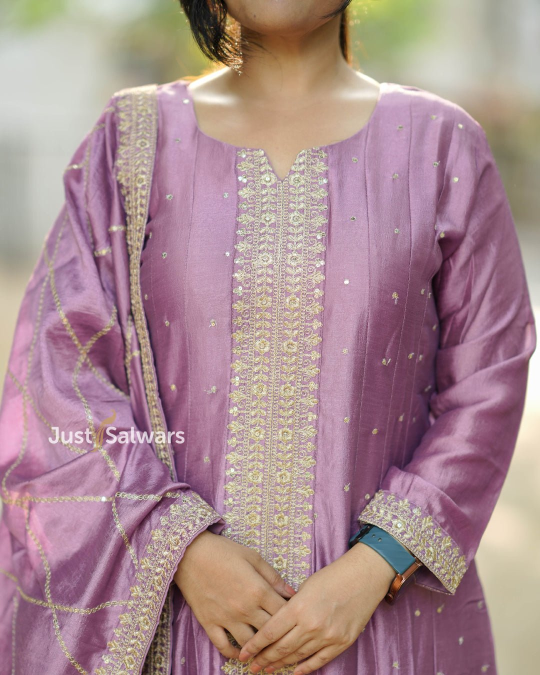 Lilac Embroidered Vichitra Silk Anarkali Suit - Gown - Just Salwars