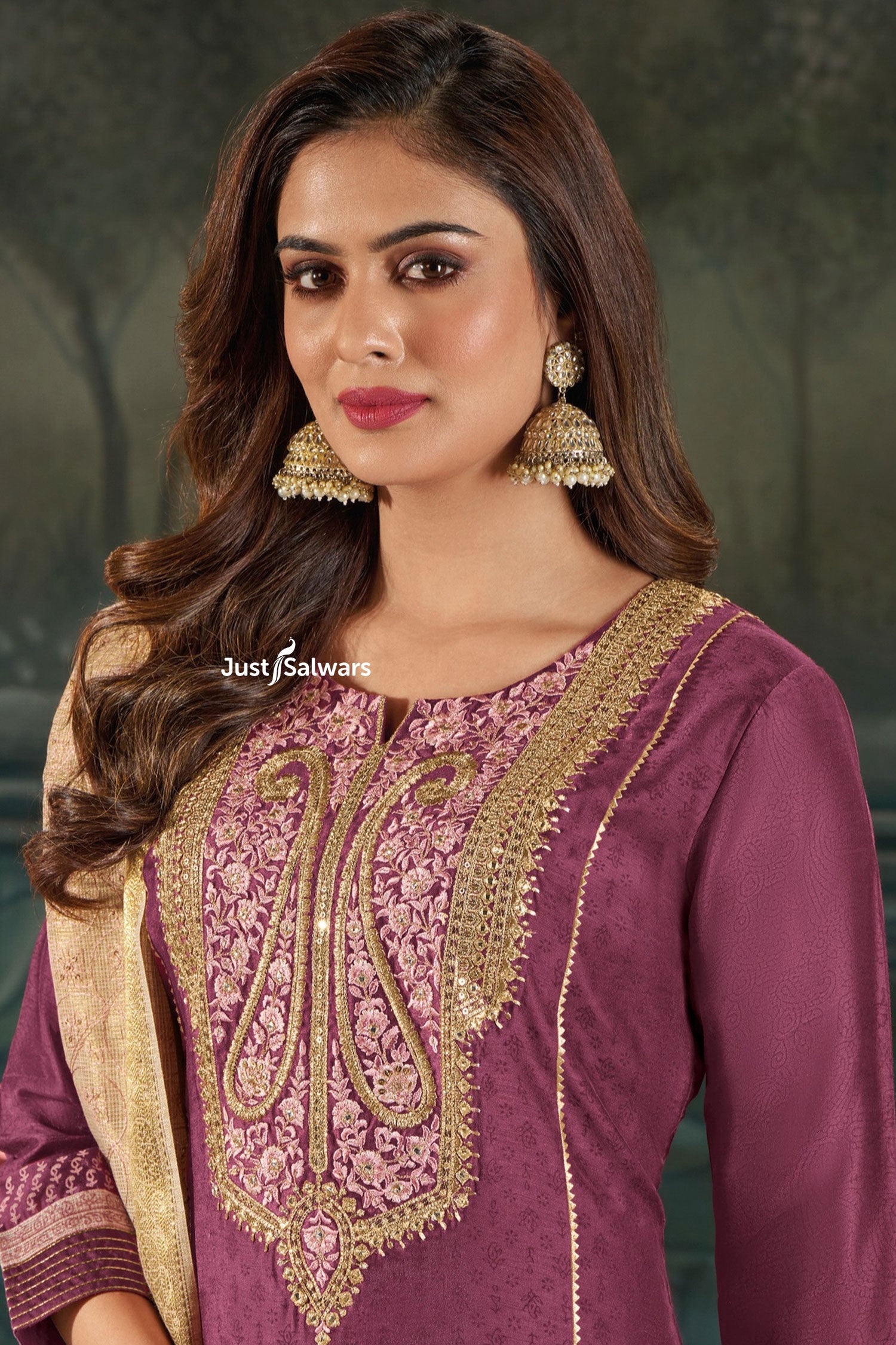 Magenta Silk Salwar Suit Set with Embroidered Yoke & Sequinned Kota Dupatta - Salwar Suit - Just Salwars