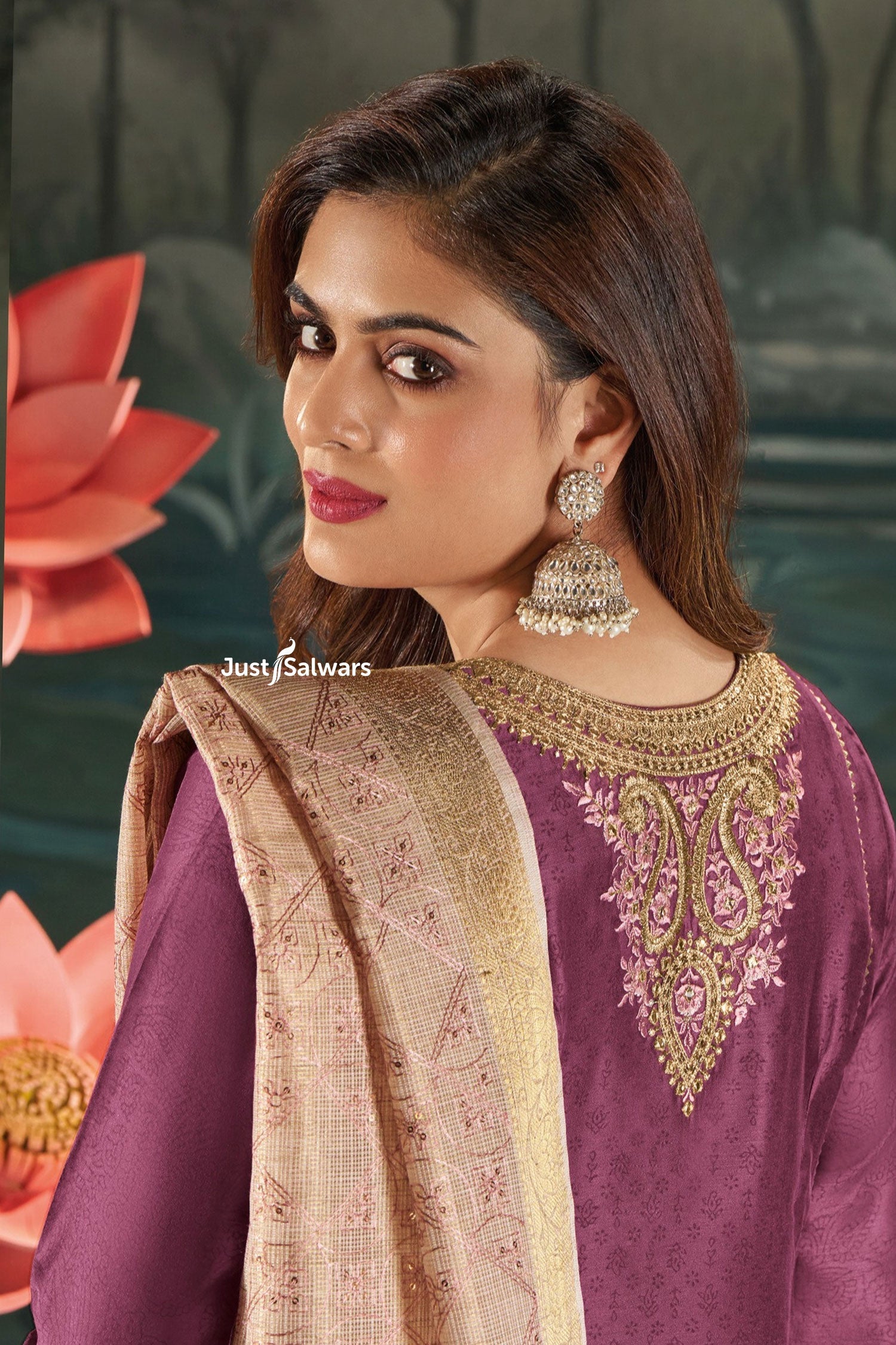 Magenta Silk Salwar Suit Set with Embroidered Yoke & Sequinned Kota Dupatta - Salwar Suit - Just Salwars