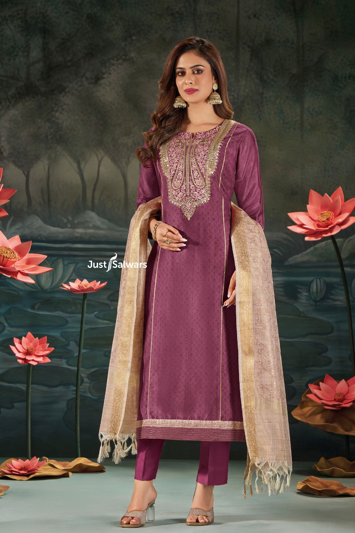 Magenta Silk Salwar Suit Set with Embroidered Yoke & Sequinned Kota Dupatta - Salwar Suit - Just Salwars