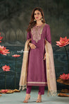 Magenta Silk Salwar Suit Set with Embroidered Yoke & Sequinned Kota Dupatta - Salwar Suit - Just Salwars