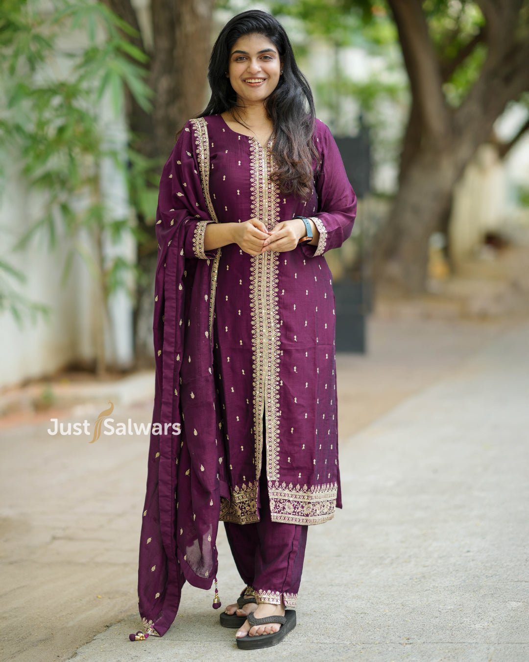 Maroon Embroidered Vichitra Silk Straight Cut Suit - Salwar Suit - Just Salwars