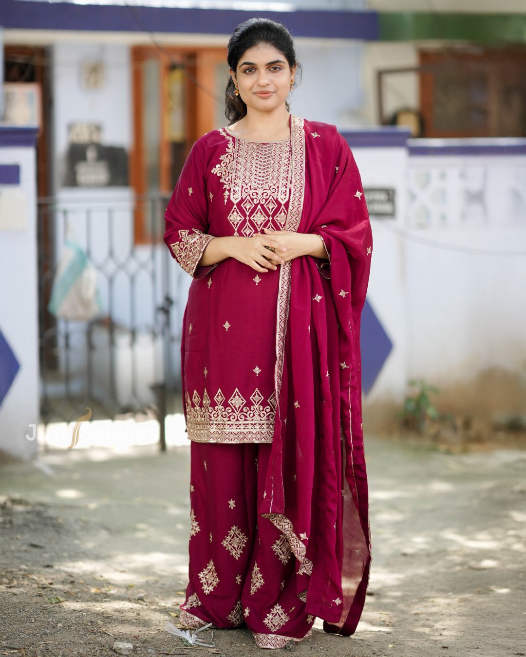 Maroon Short Kurta Set with Embroidered Wide - Leg Pants & Dupatta - Salwar Suit - Just Salwars
