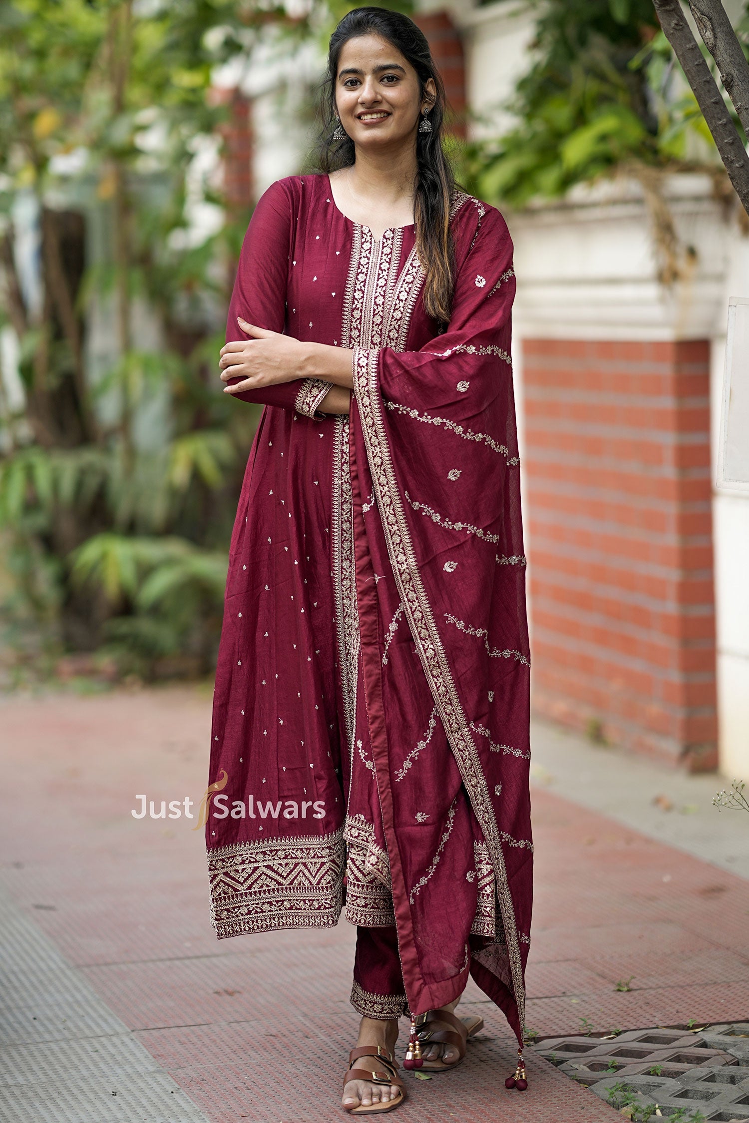 Maroon Soft Silk Anarkali Suit Set - Anarkali - Just Salwars