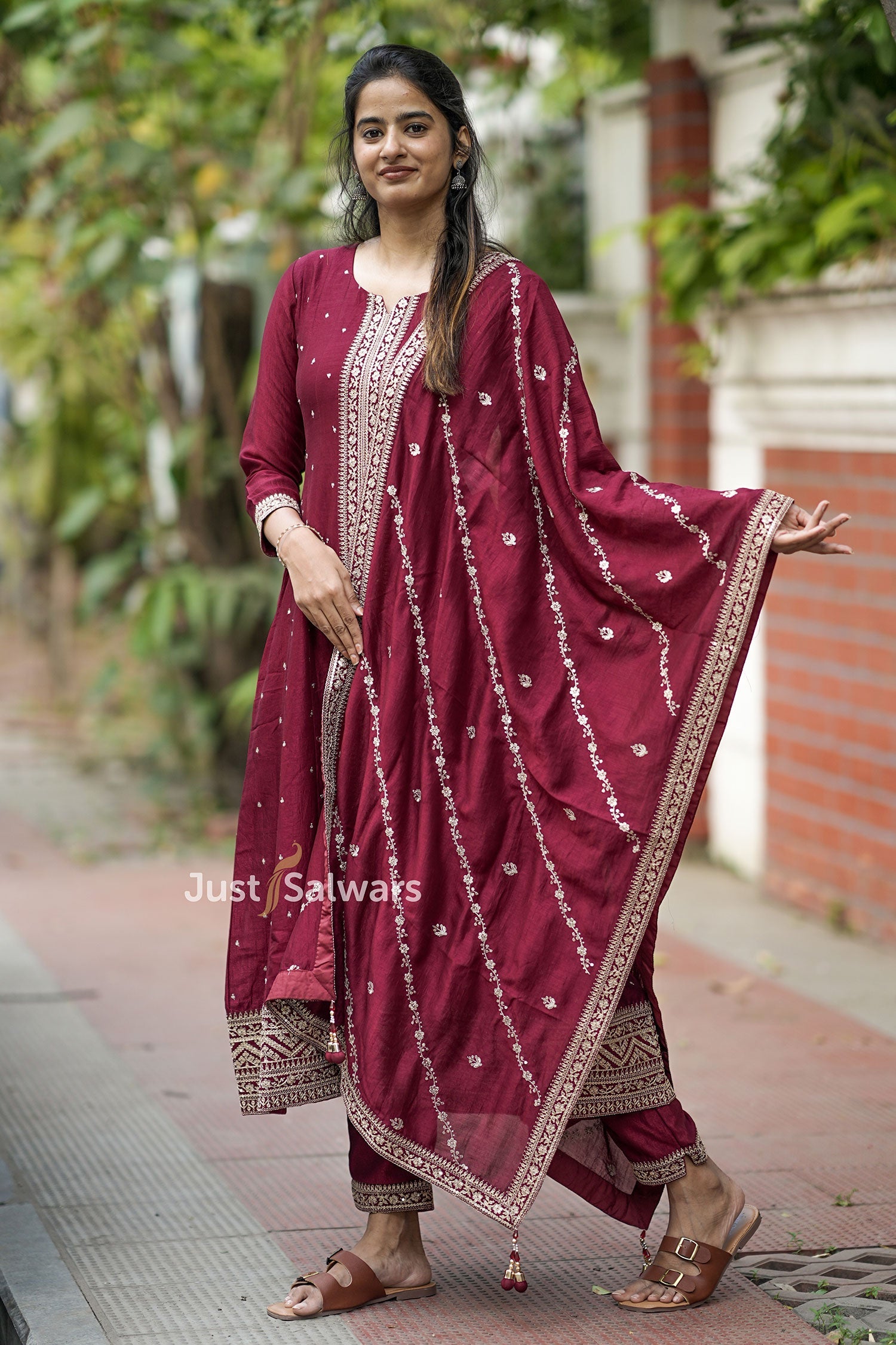 Maroon Soft Silk Anarkali Suit Set - Anarkali - Just Salwars