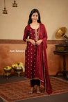 Maroon Vichithra Silk Suit Set with Golden Zari Accents - Salwar Suit - Just Salwars