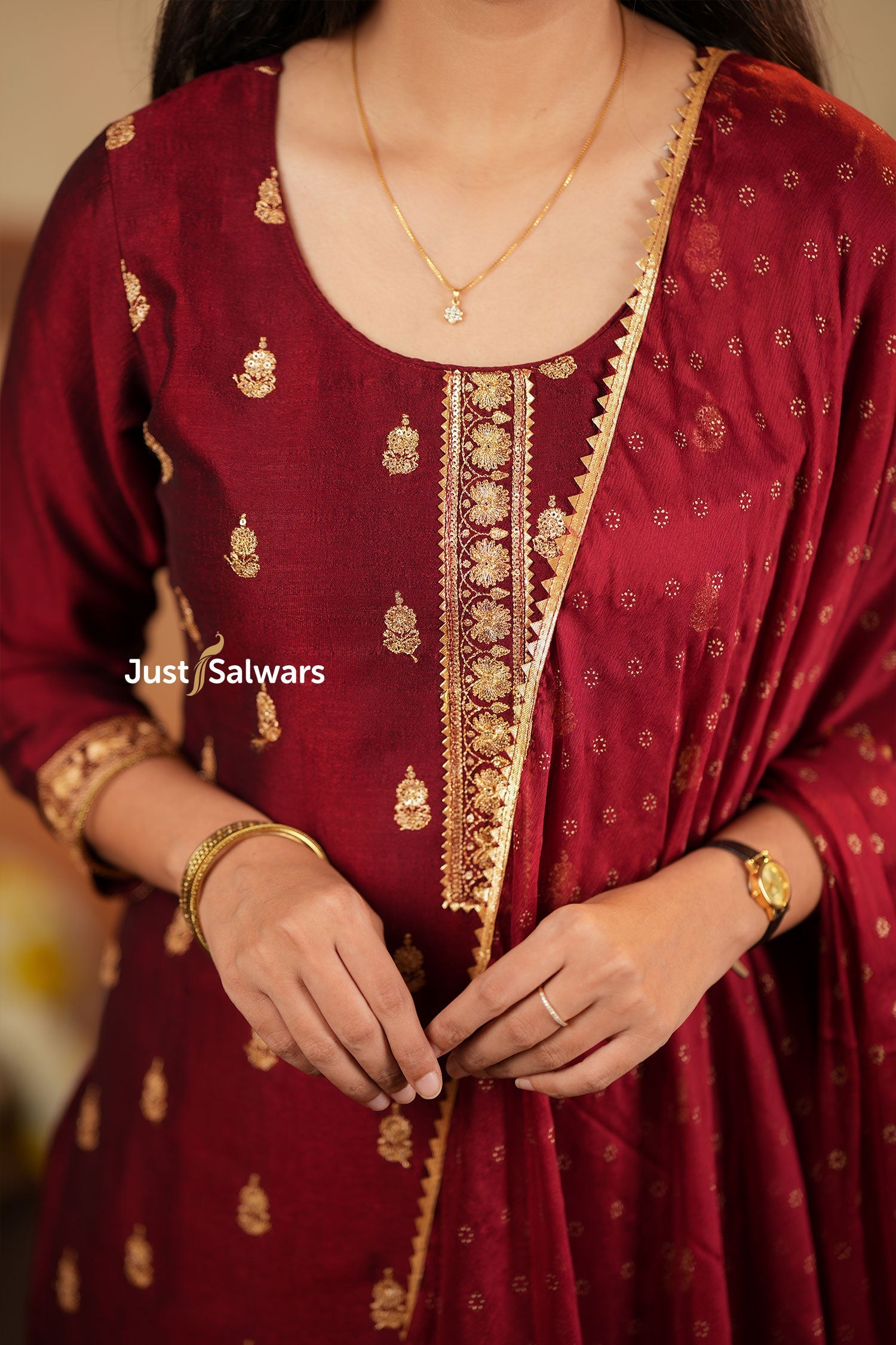 Maroon Vichithra Silk Suit Set with Golden Zari Accents - Salwar Suit - Just Salwars