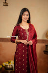 Maroon Vichithra Silk Suit Set with Golden Zari Accents - Salwar Suit - Just Salwars