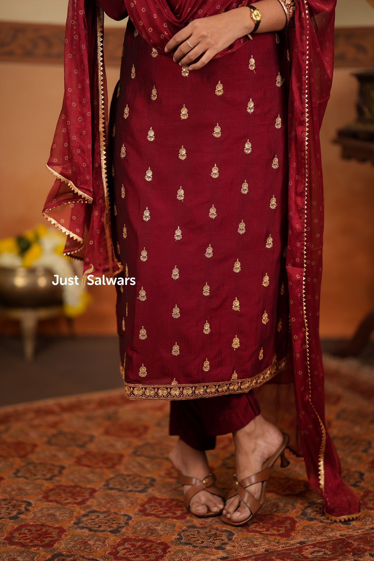 Maroon Vichithra Silk Suit Set with Golden Zari Accents - Salwar Suit - Just Salwars