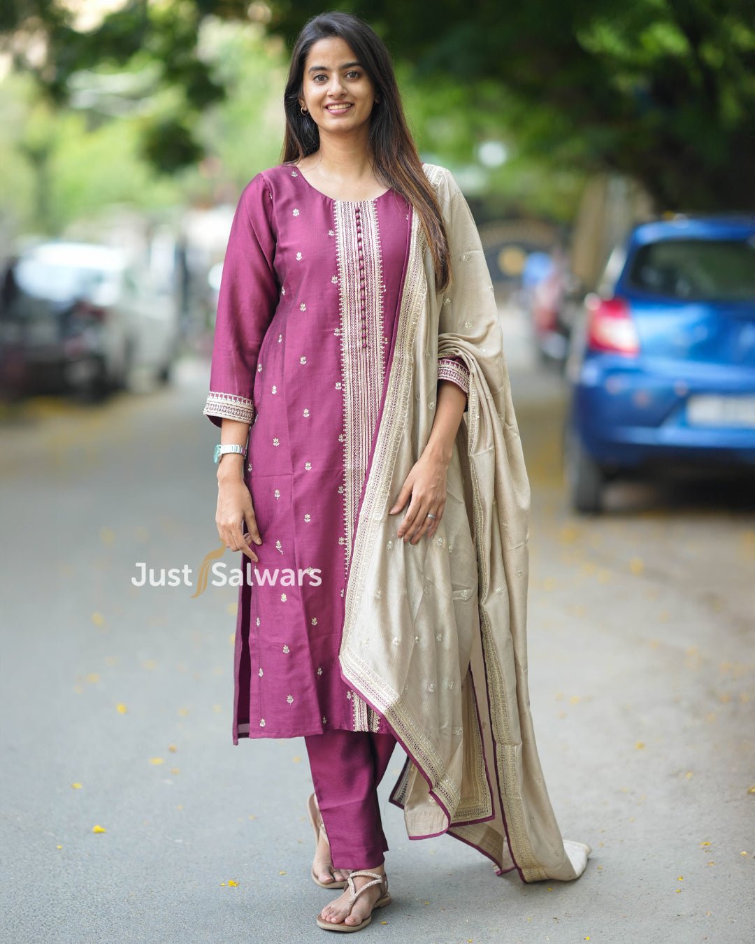 Mauve Vichithra Silk Suit with Beige Dupatta - Salwar Suit - Just Salwars