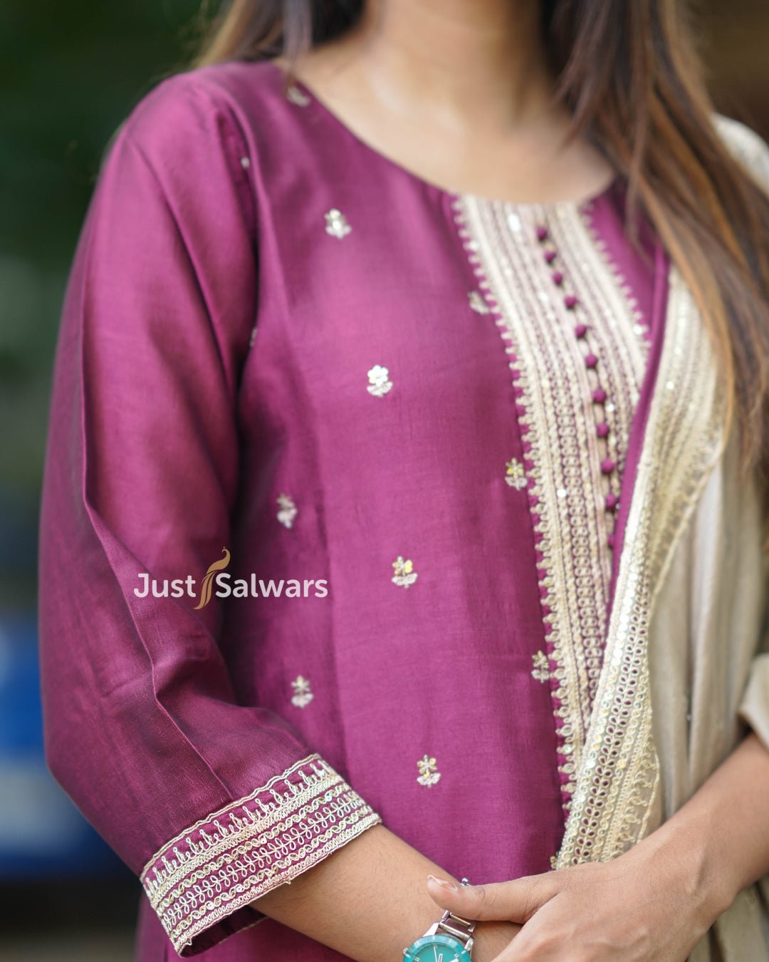 Mauve Vichithra Silk Suit with Beige Dupatta - Salwar Suit - Just Salwars