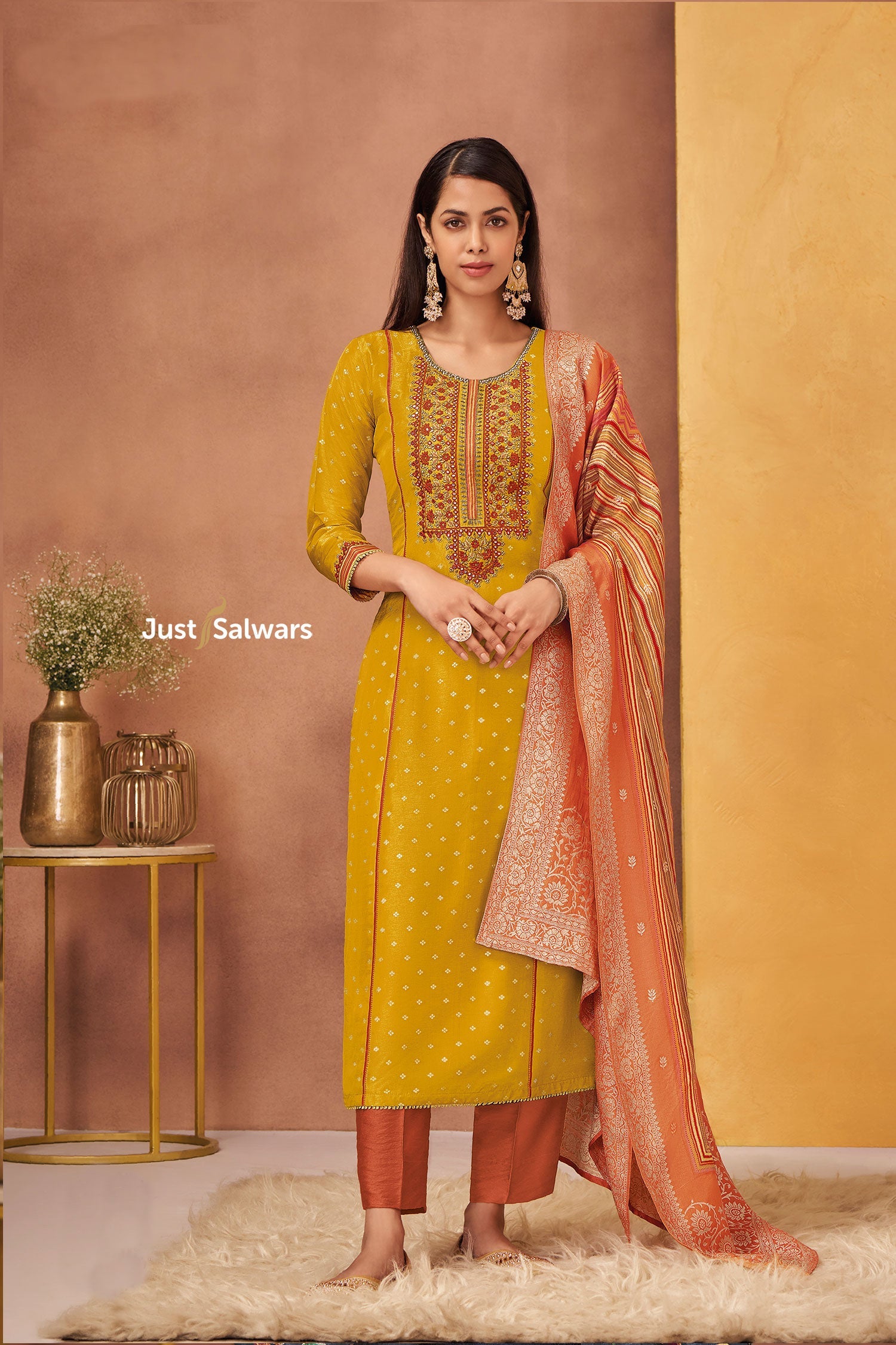 Mustard Color Tussar Suit Set - Salwar Suit - Just Salwars