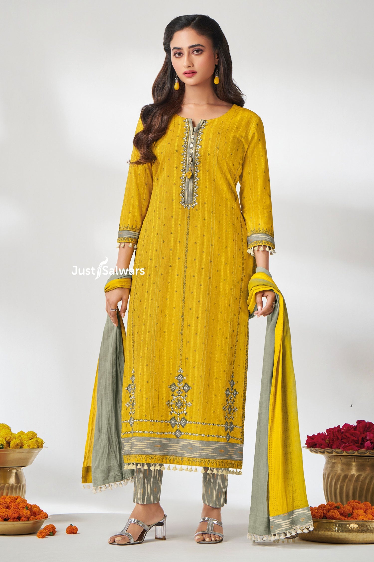 Mustard Cotton Straight - Cut Suit Set - Salwar Suit - Just Salwars