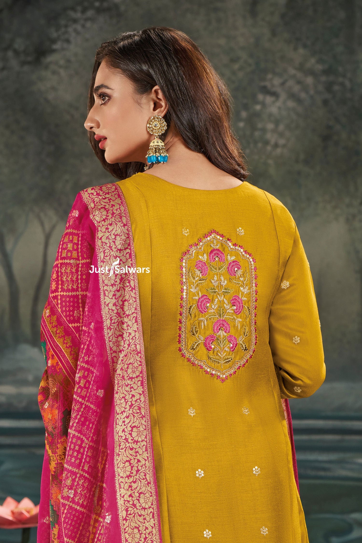 Mustard Silk A - Line Salwar Suit Set with Pink Banarasi Dupatta - Anarkali - Just Salwars