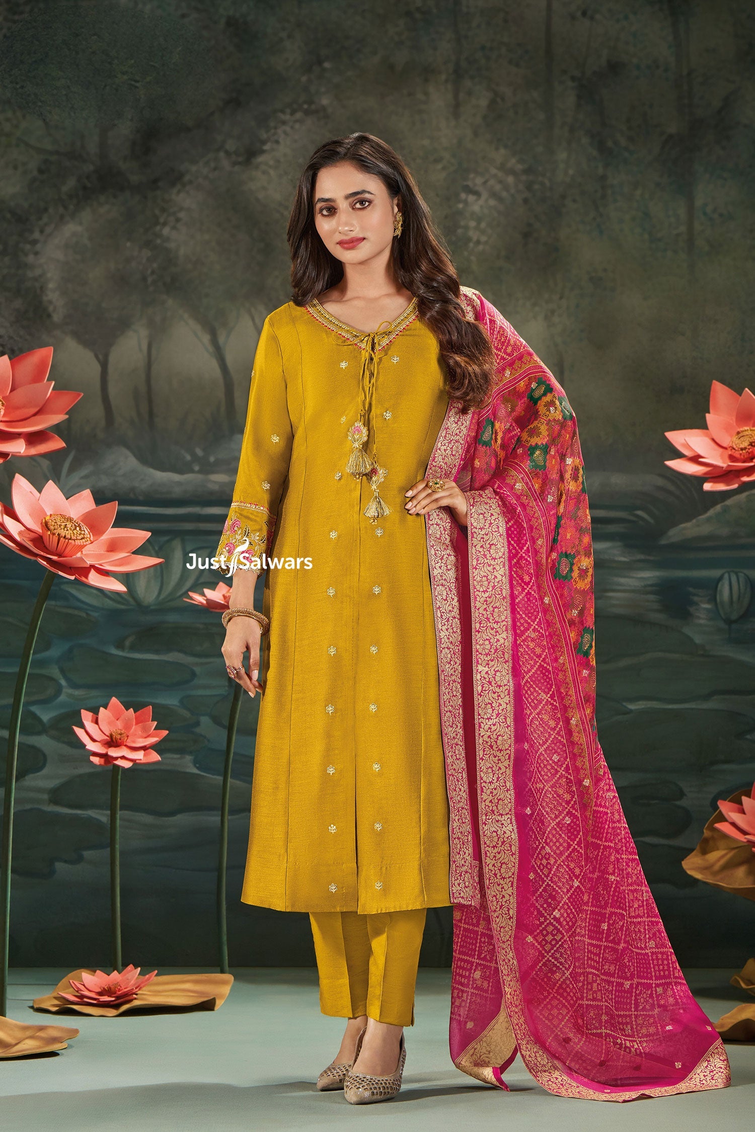 Mustard Silk A - Line Salwar Suit Set with Pink Banarasi Dupatta - Anarkali - Just Salwars