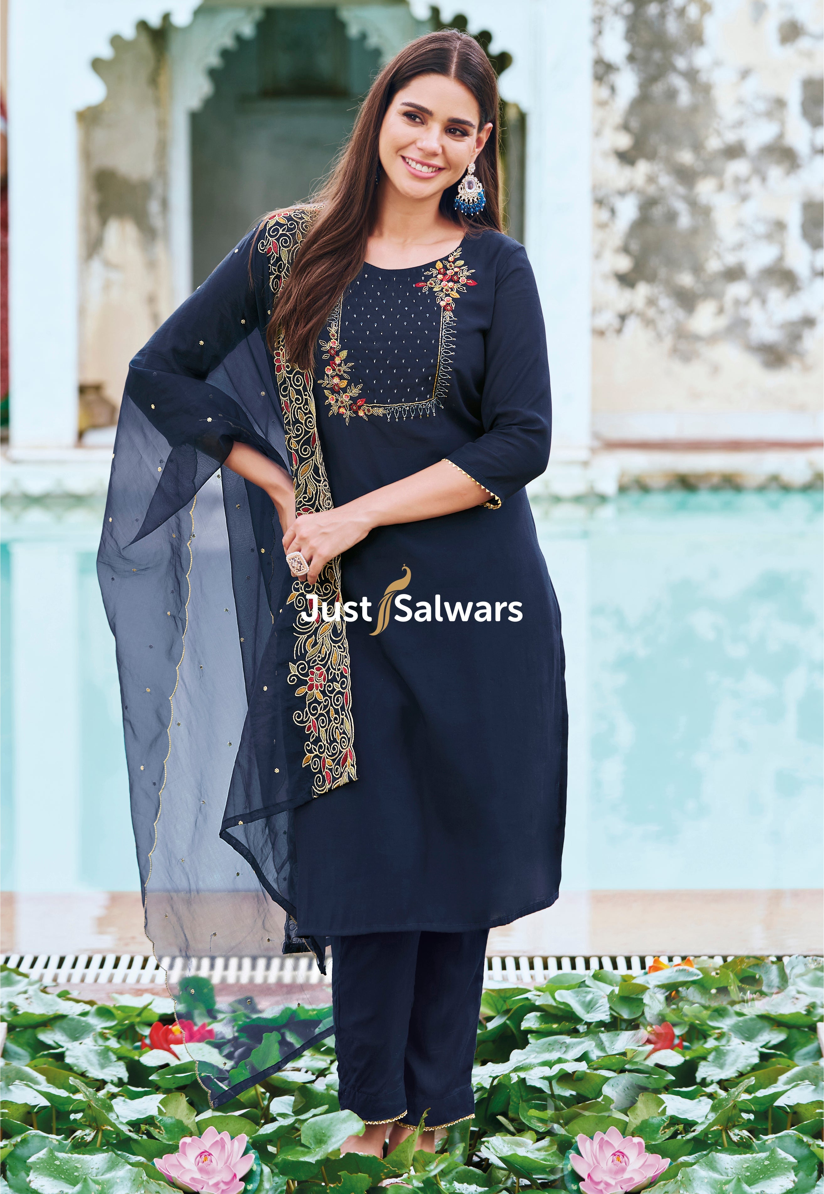 Navy Blue colour Embroidered Salwar Suit Material - Dress Material - Just Salwars