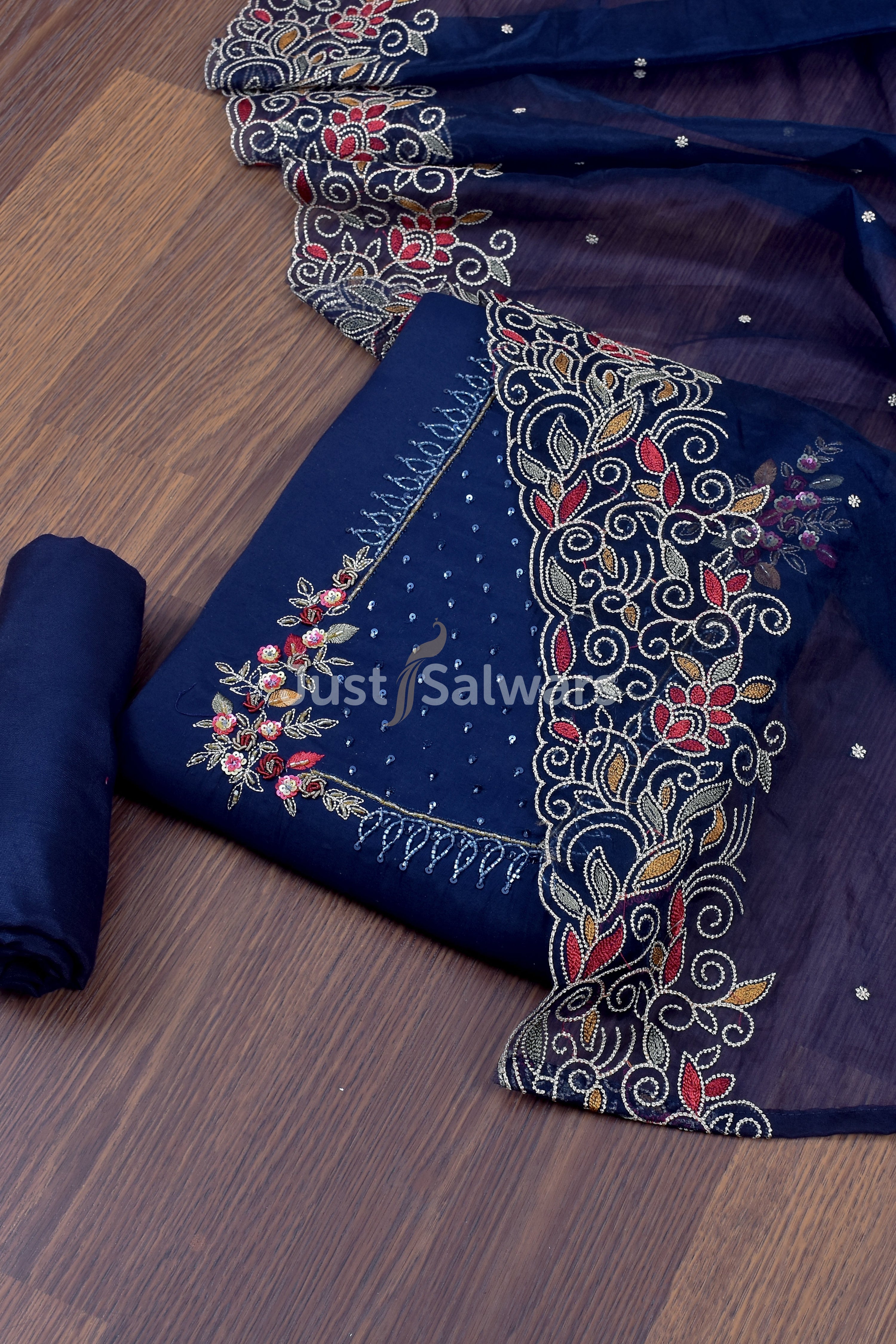 Navy Blue colour Embroidered Salwar Suit Material - Dress Material - Just Salwars