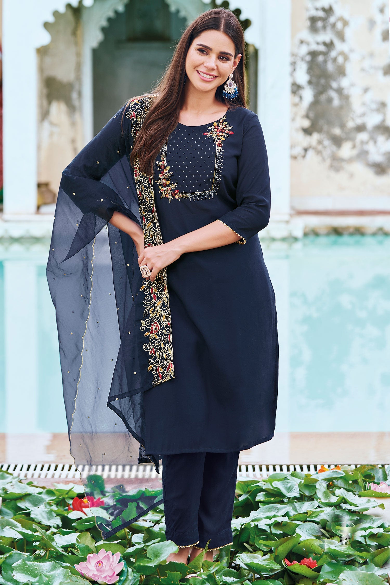 Navy Blue colour Embroidered Salwar Suit Material - Dress Material - Just Salwars