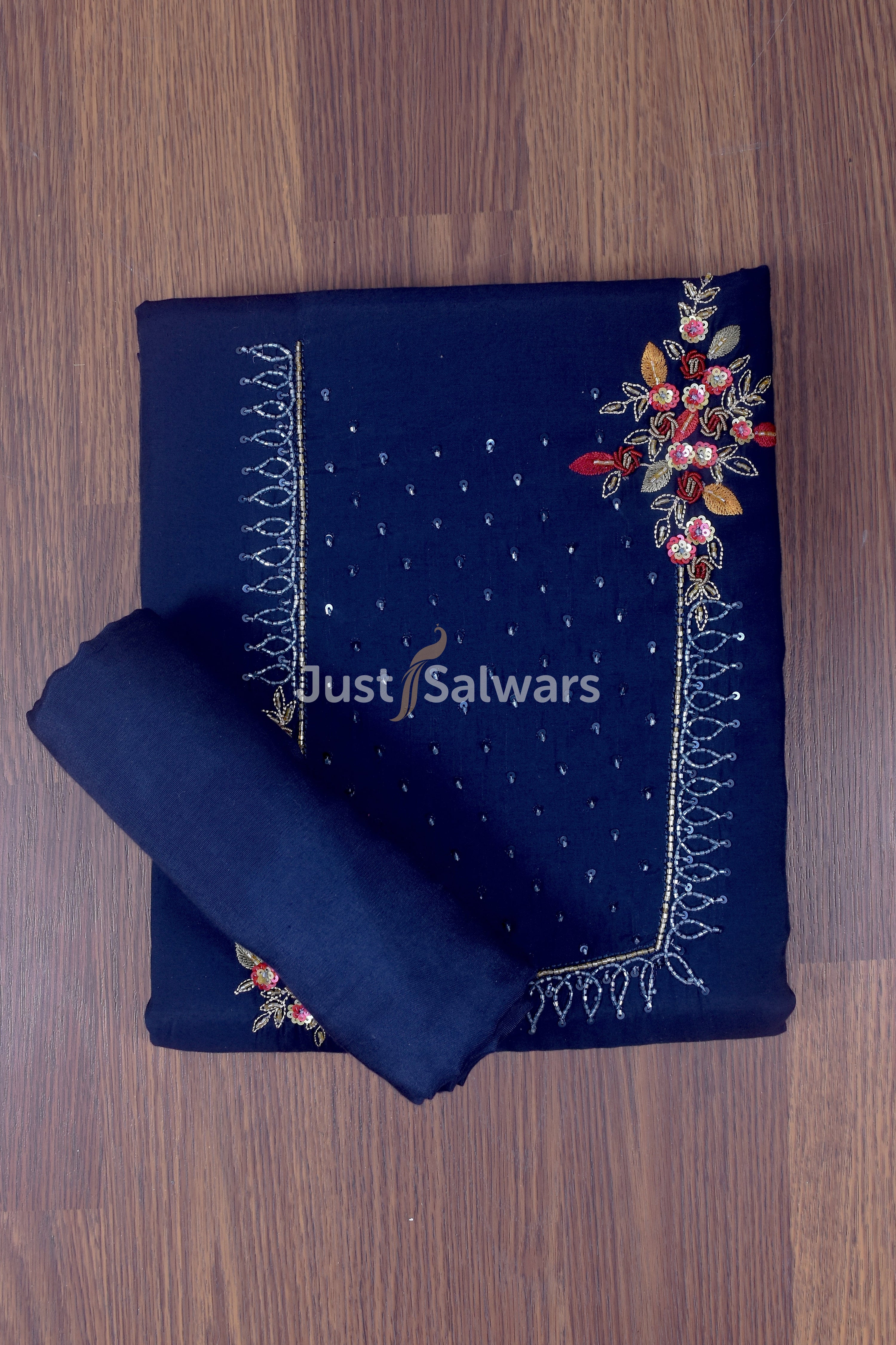 Navy Blue colour Embroidered Salwar Suit Material - Dress Material - Just Salwars