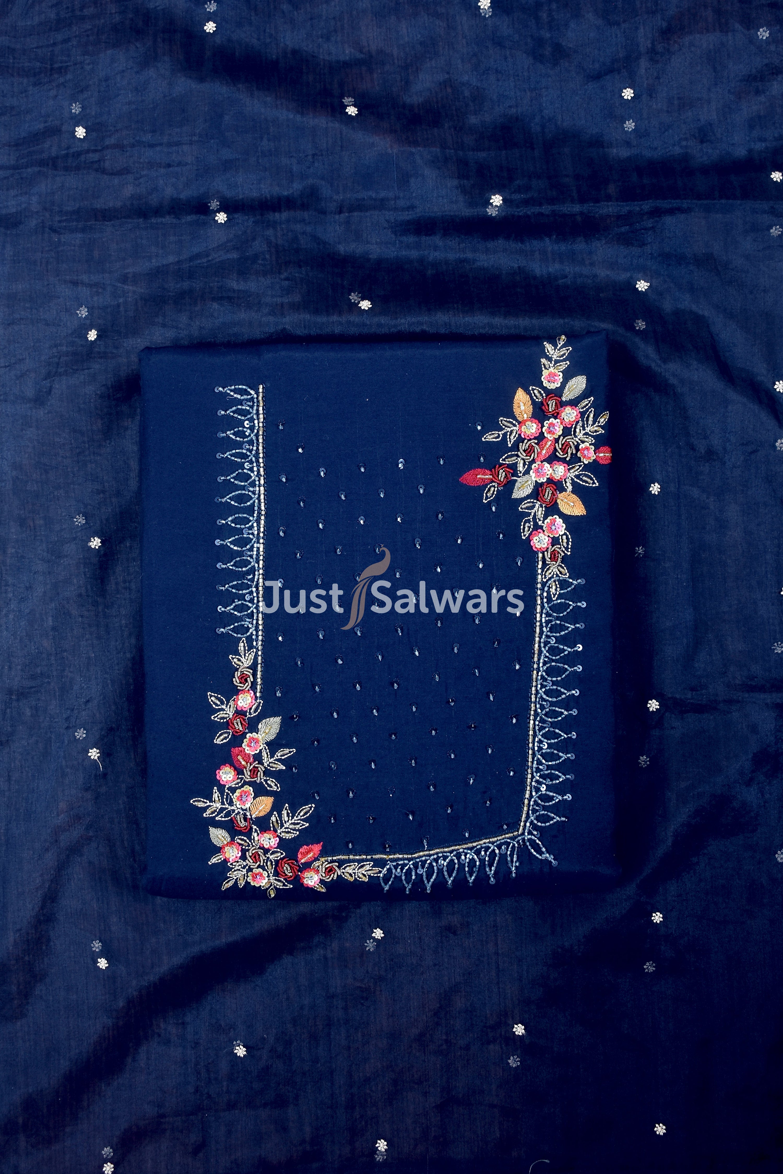 Navy Blue colour Embroidered Salwar Suit Material - Dress Material - Just Salwars