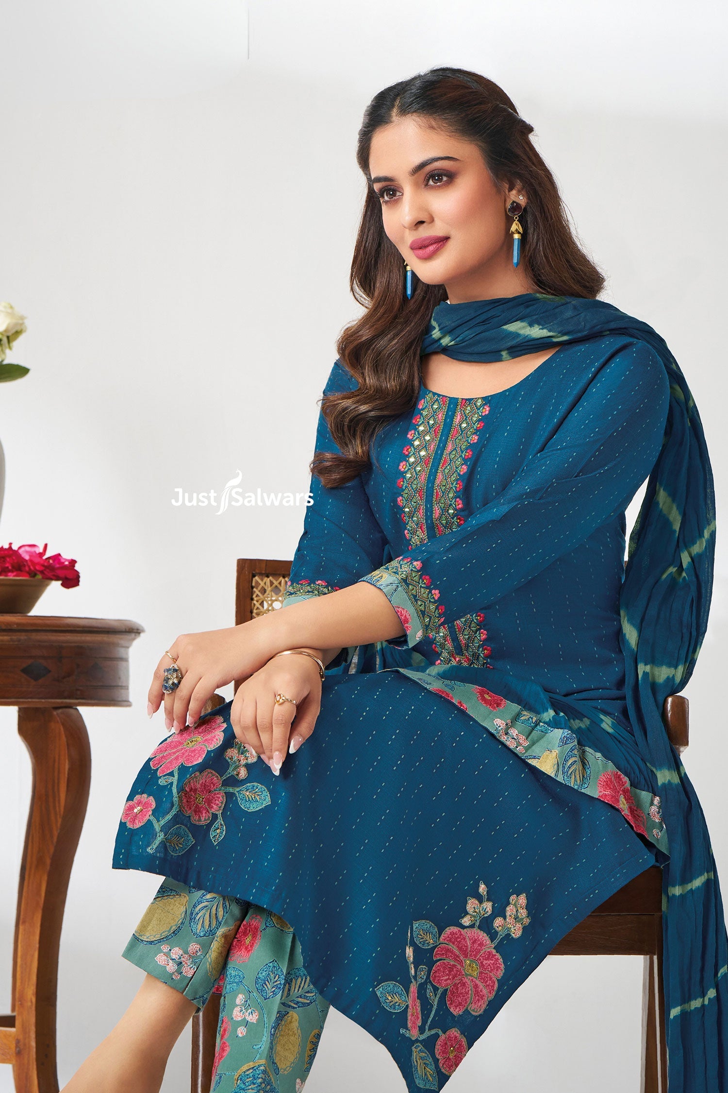 Navy Blue Cotton Floral Embroidered Salwar Suit Set - Salwar Suit - Just Salwars